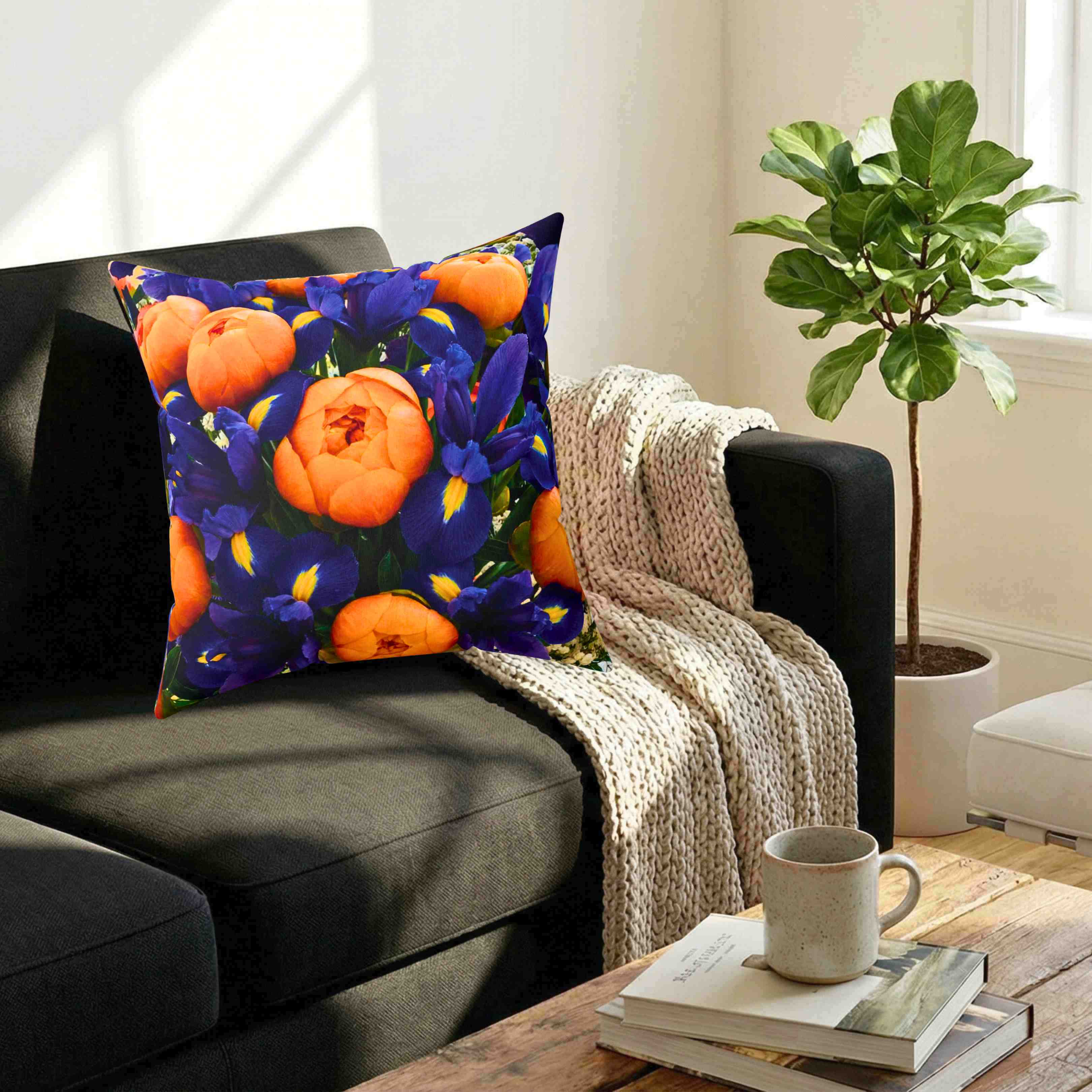 Orange Peonies and Blue Iris Pillow | Square Cushion product thumbnail image