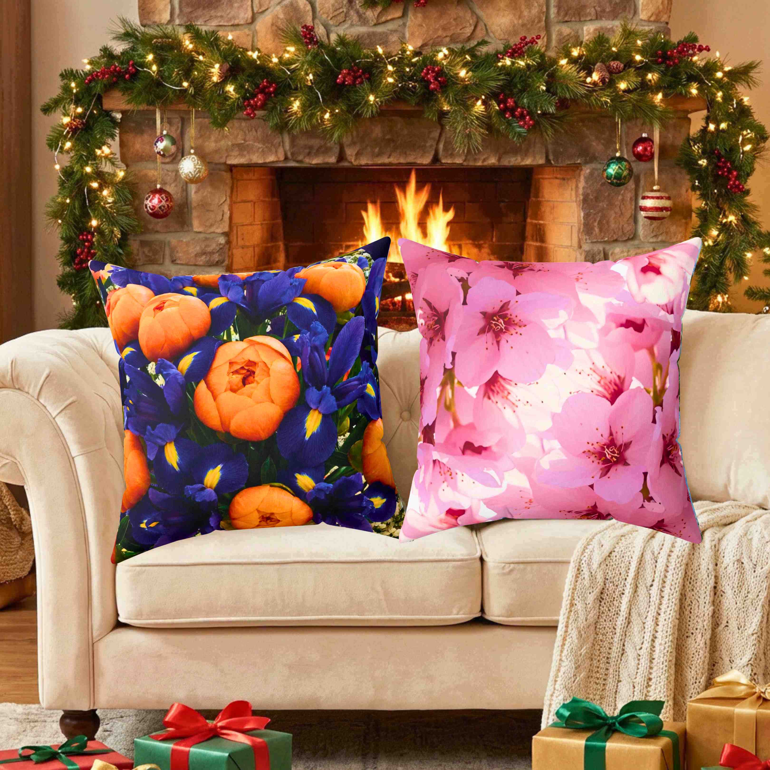 Orange Peonies and Blue Iris Pillow | Square Cushion product thumbnail image Orange Peonies and Blue Iris Pillow | Square Cushion product thumbnail image