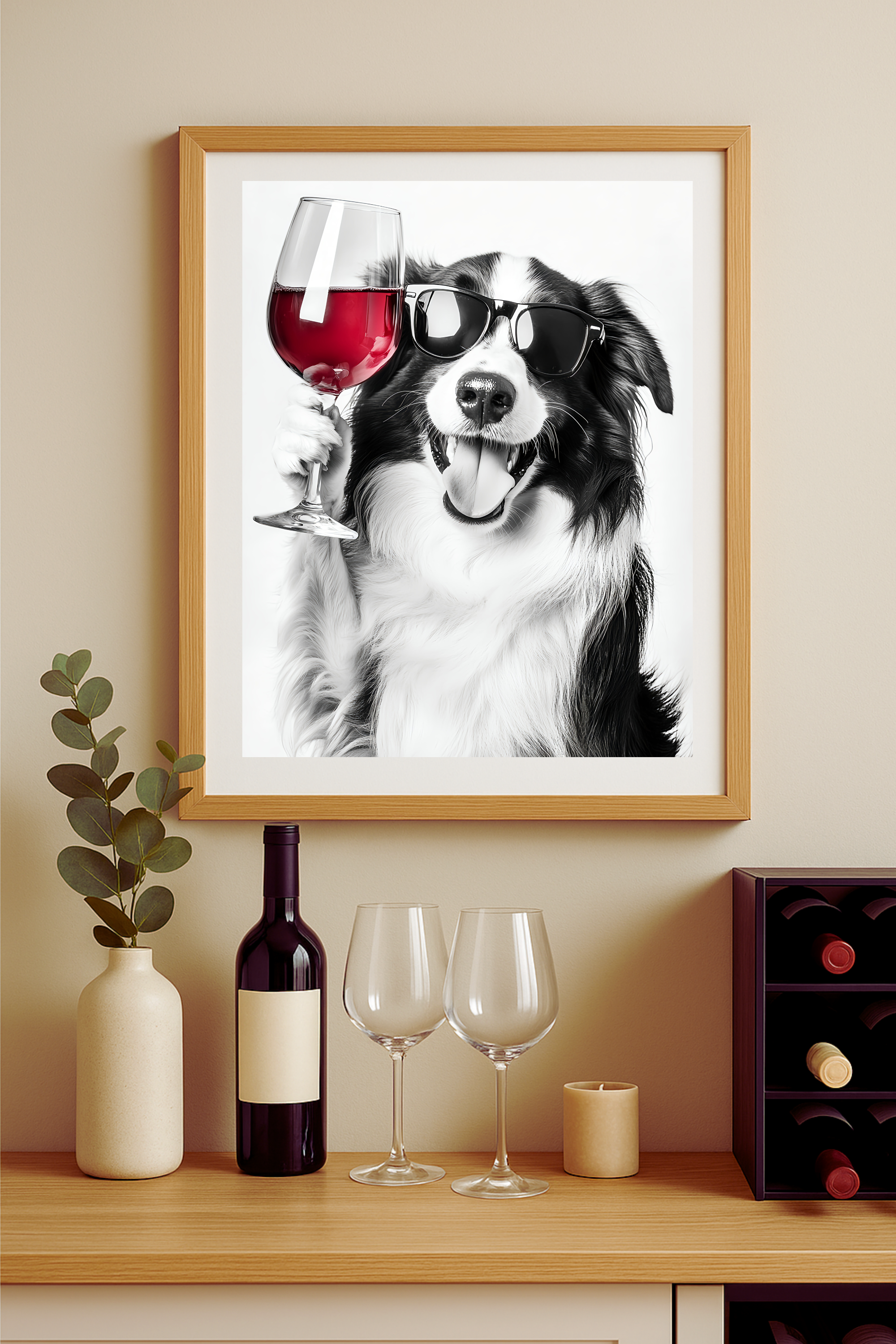 Border Collie Dog with Wine  Poster — Funny Wall Art Print