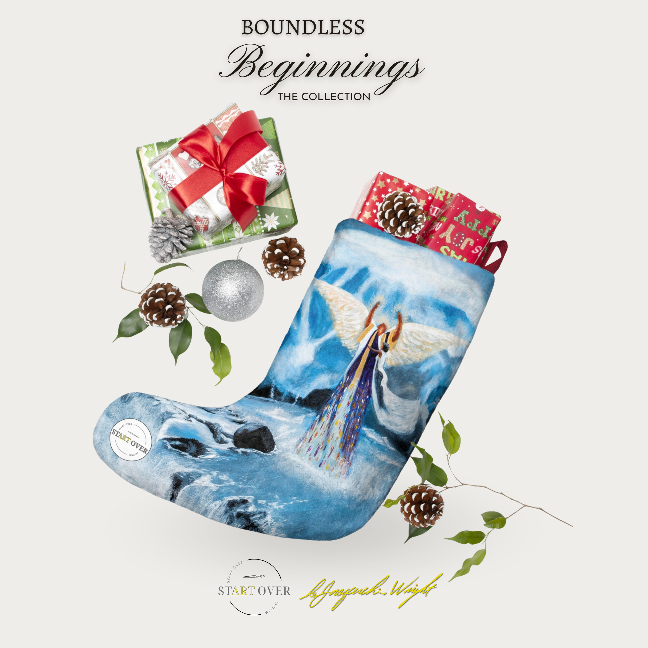 "Command" Happy Holidays Christmas Stocking | Ms. JDW Original Artwork | Boundless Beginnings Collection | Ready-to-Gift | Proceeds Support Social Impact | Blue Holiday Mantel Decoration product thumbnail image