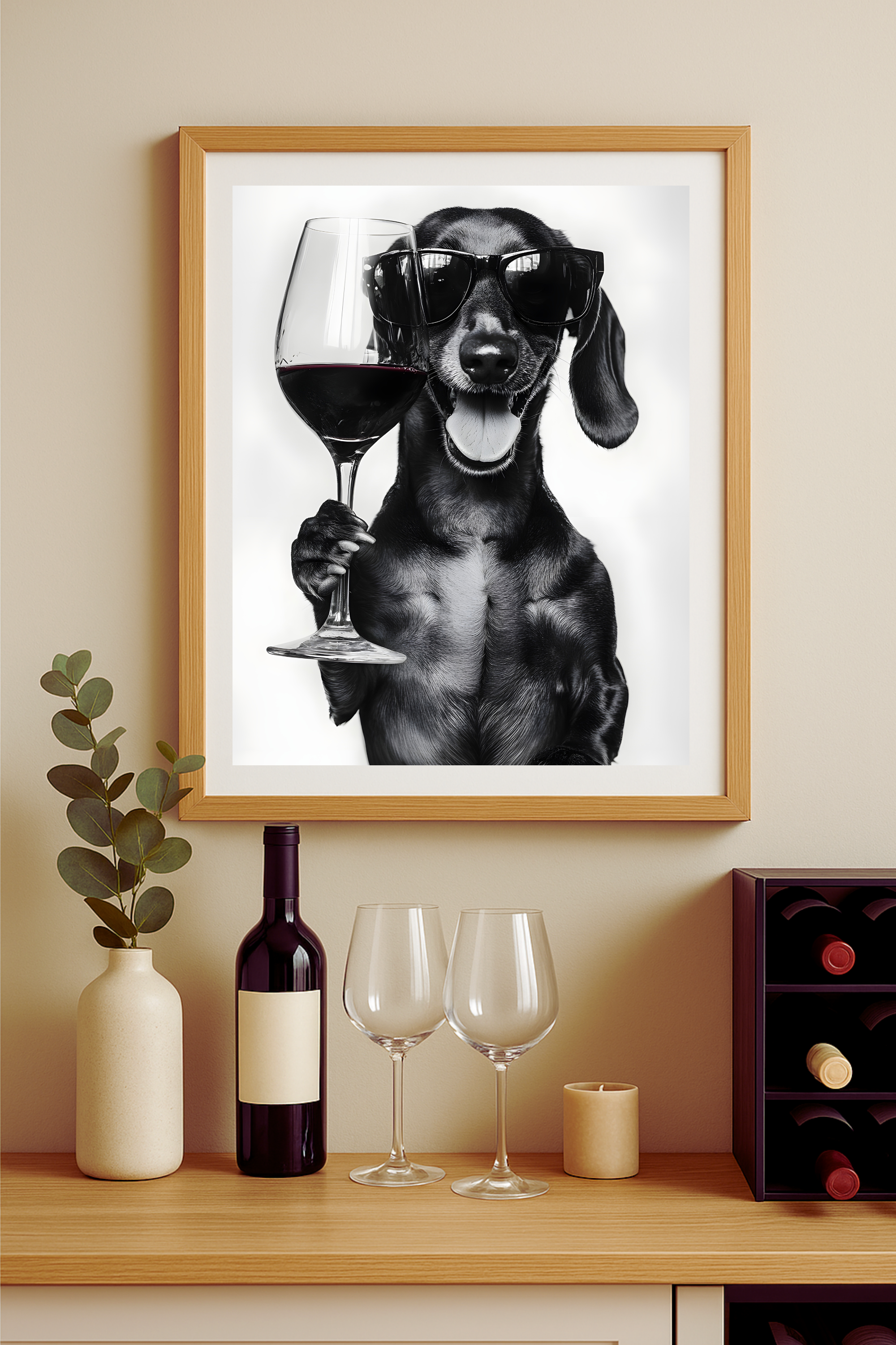 Dachshund Wine Poster — Funny Black & White Dog Art Print Dachshund Wine Poster — Funny Black & White Dog Art Print