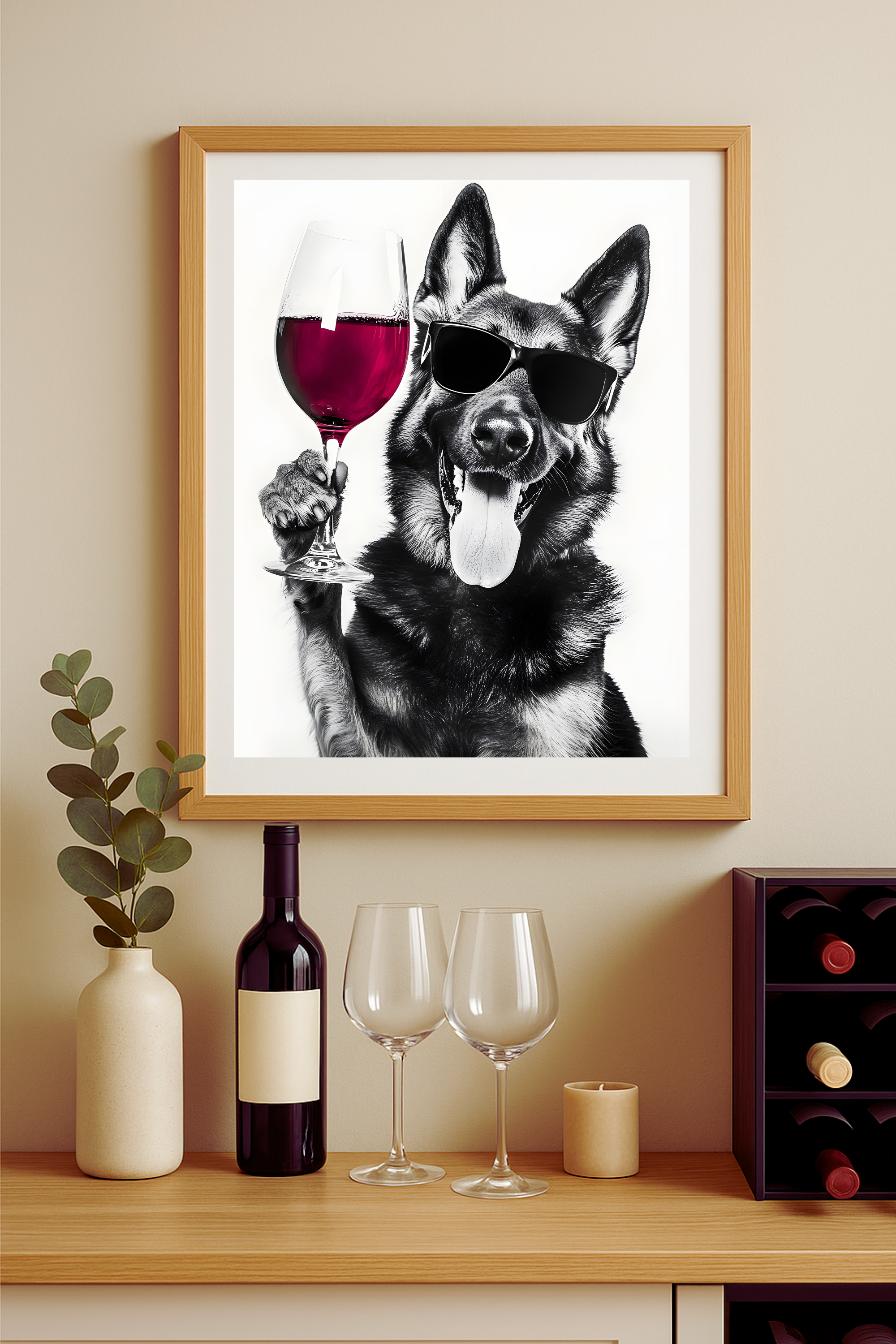 German Shepherd with Wine Glass Poster — Funny Dog Wall Art Print German Shepherd with Wine Glass Poster — Funny Dog Wall Art Print