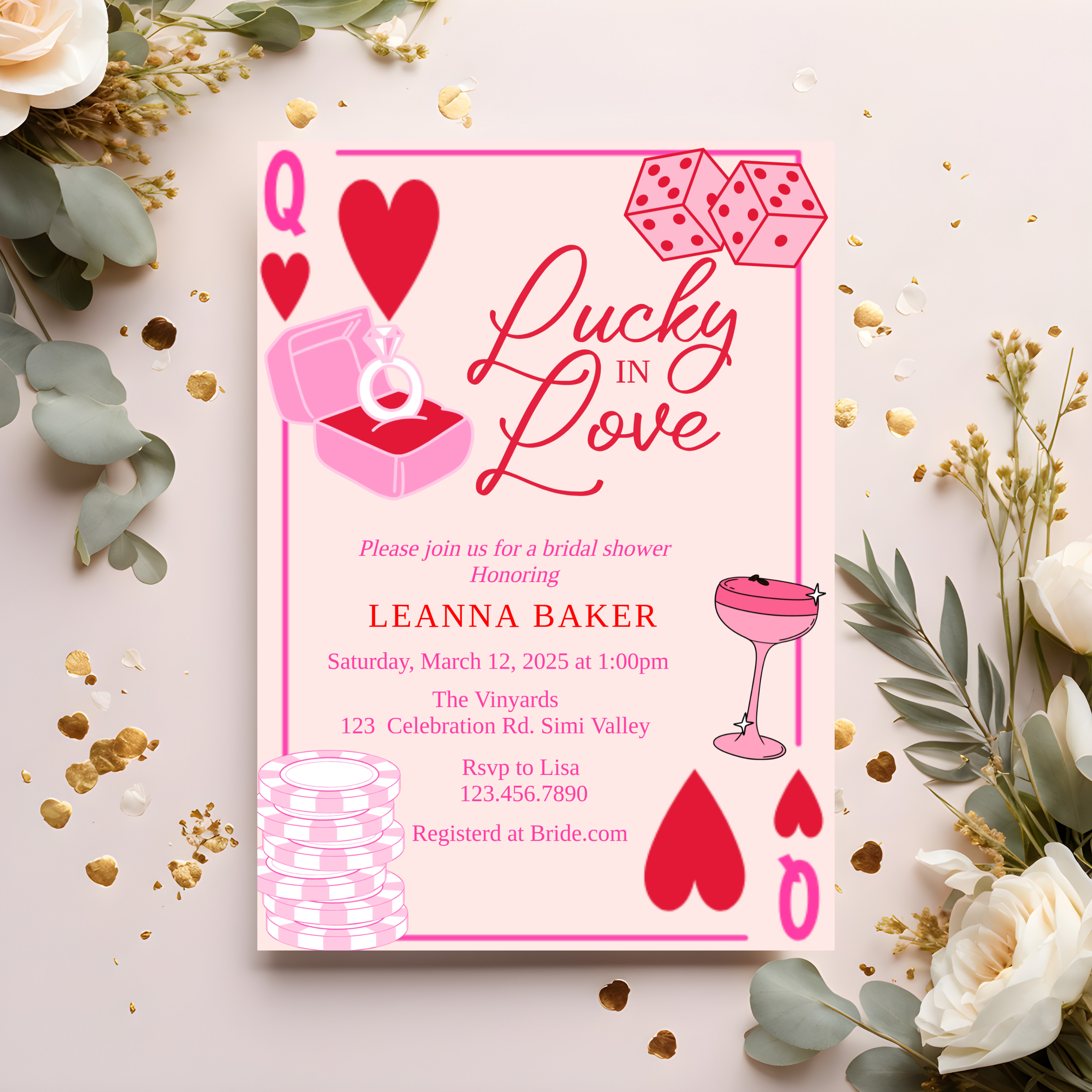 Lucky in Love Bridal Shower Invitation – Vegas Theme, Pink Casino Cards & Dice, Custom Name & Details - Postcard Bundles (envelopes included) Lucky in Love Bridal Shower Invitation – Vegas Theme, Pink Casino Cards & Dice, Custom Name & Details - Postcard Bundles (envelopes included)