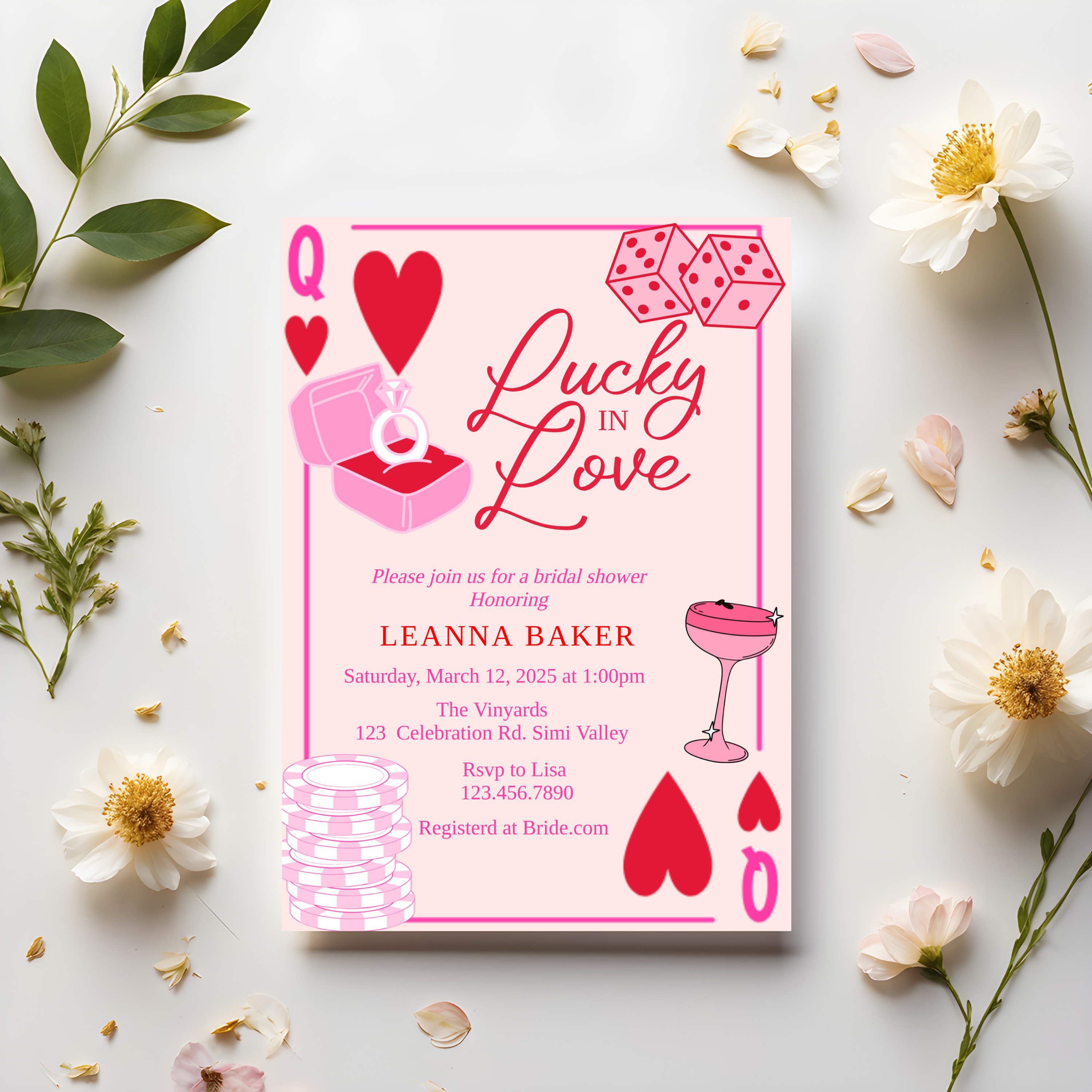 Lucky in Love Bridal Shower Invitation – Vegas Theme, Pink Casino Cards &amp; Dice, Custom Name &amp; Details - Postcard Bundles (envelopes included)  product thumbnail image