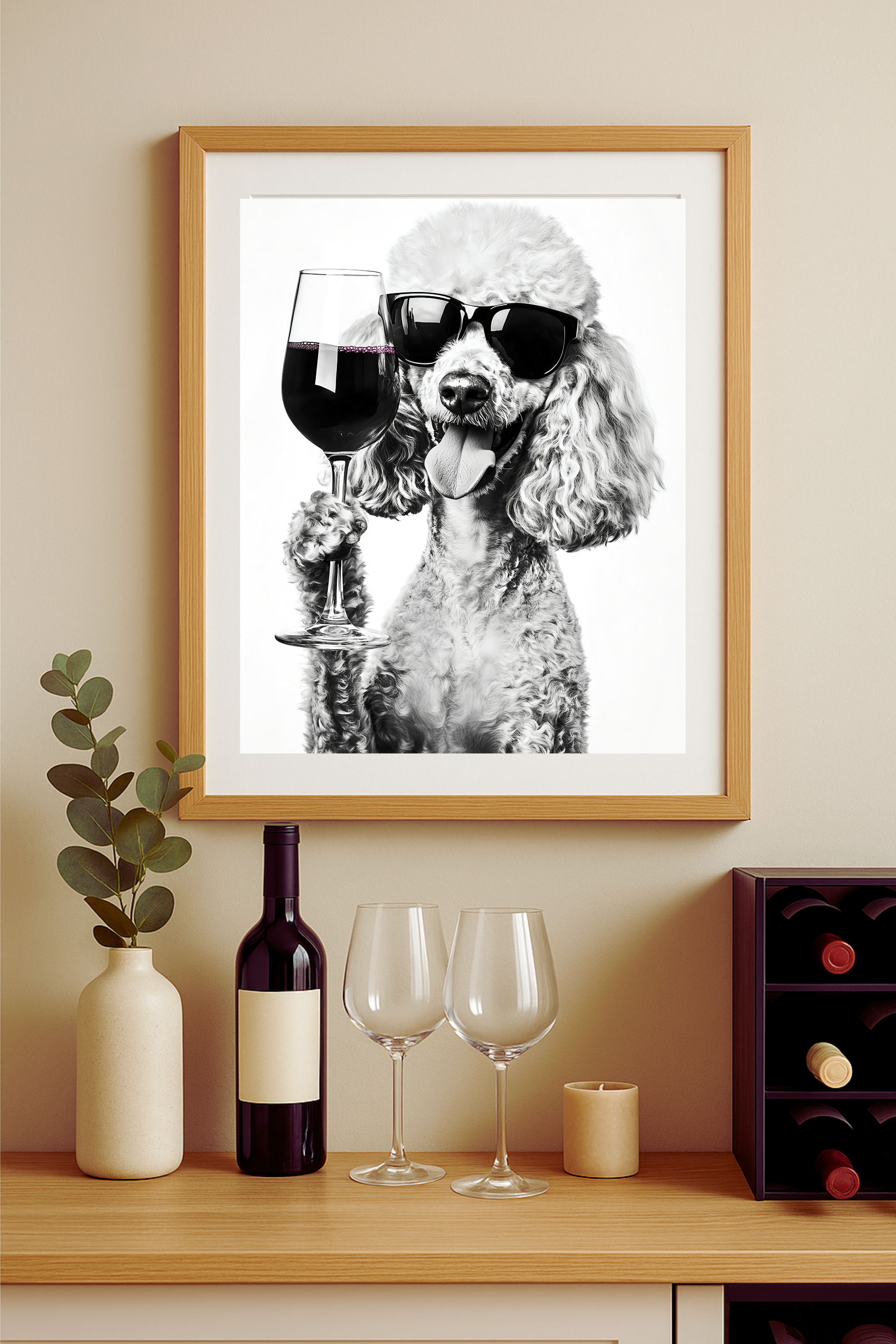 Poodle Enjoying Wine Poster — Funny Dog Wall Art print
