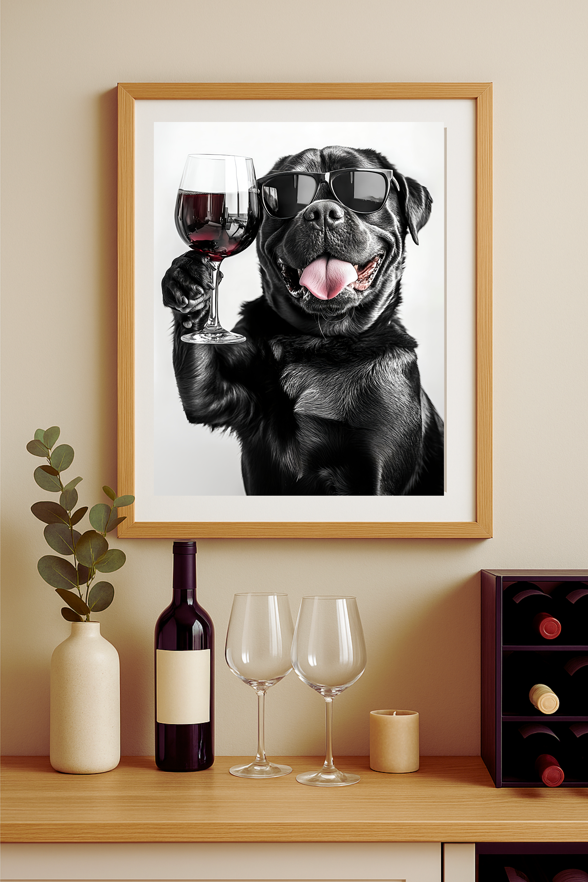 Rottweiler with Glass Wine Poster — Funny Wall Art Print