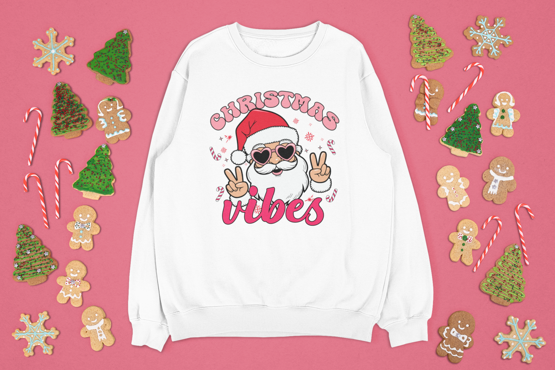 Christmas Vibes Crewneck Sweatshirt — Retro Santa Peace Sign Holiday Pullover product thumbnail image