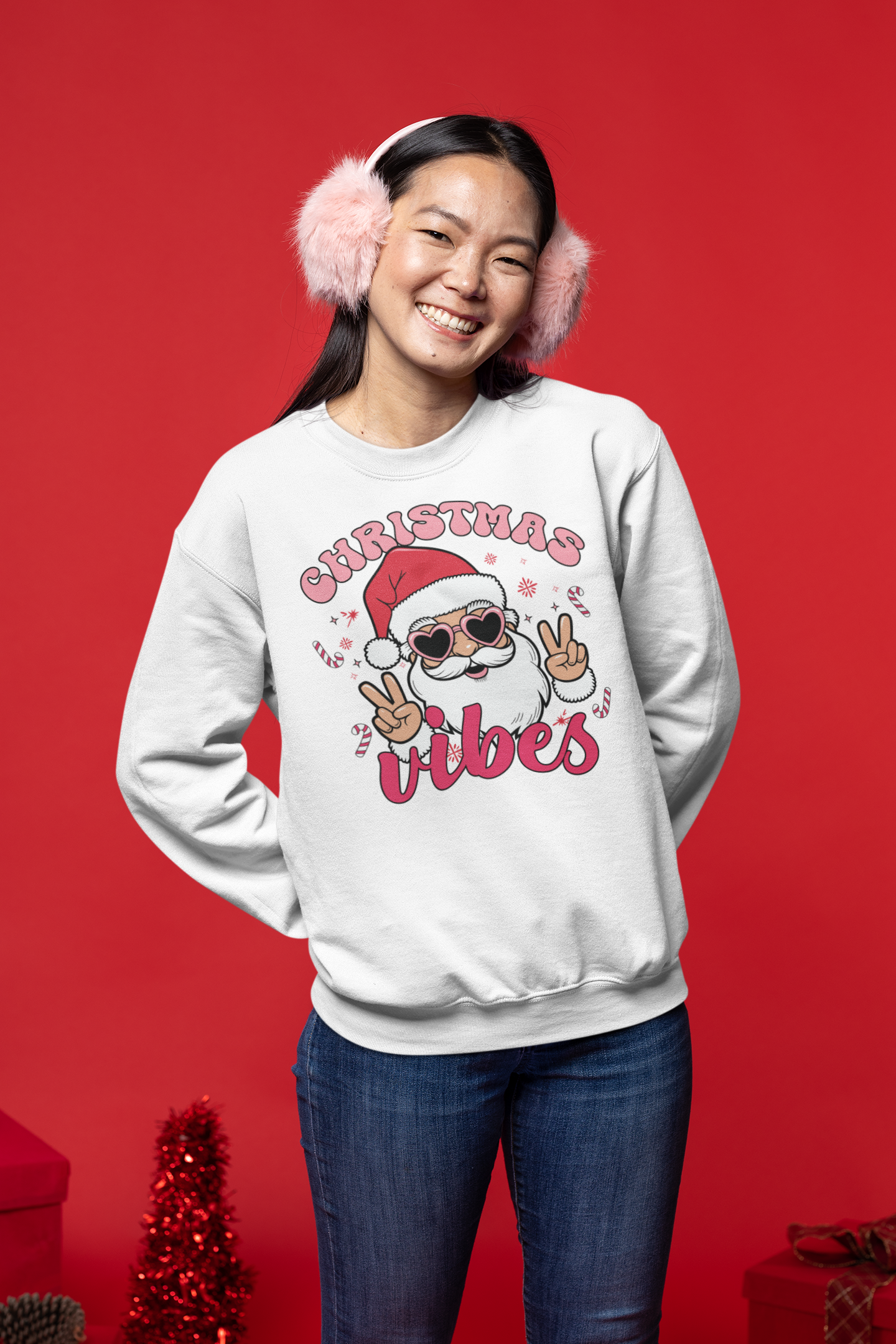 Christmas Vibes Crewneck Sweatshirt — Retro Santa Peace Sign Holiday Pullover product thumbnail image