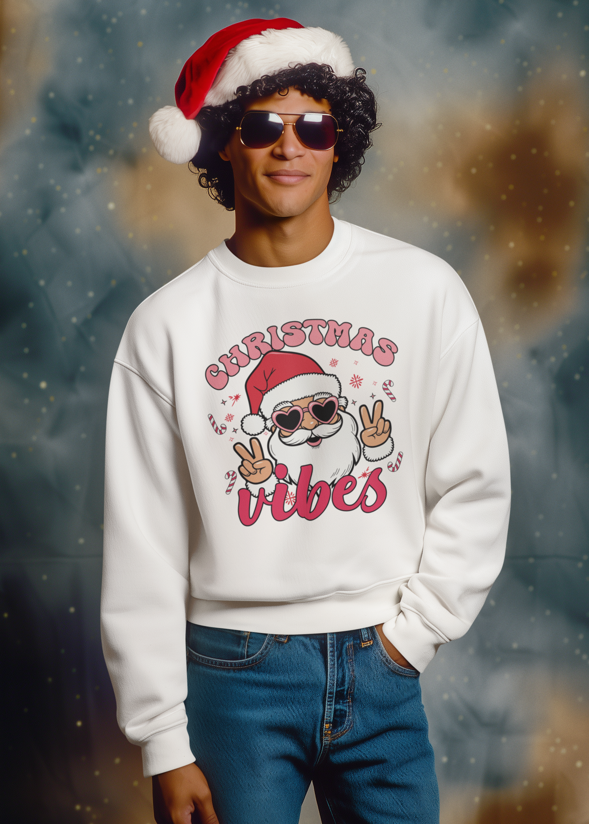 Christmas Vibes Crewneck Sweatshirt — Retro Santa Peace Sign Holiday Pullover product thumbnail image