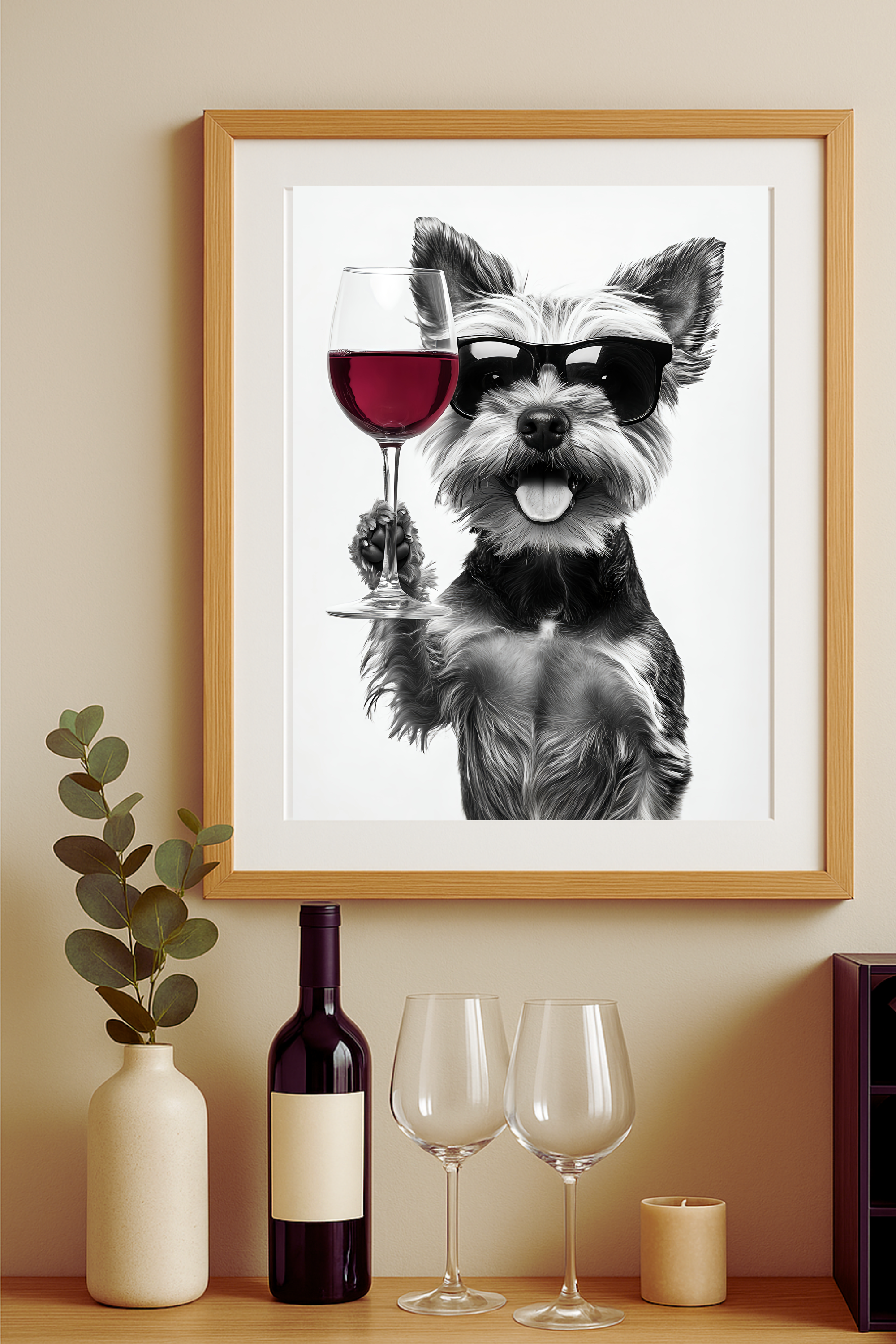 Yorkie with Wine Glass Poster — Funny Dog Wall Art Print