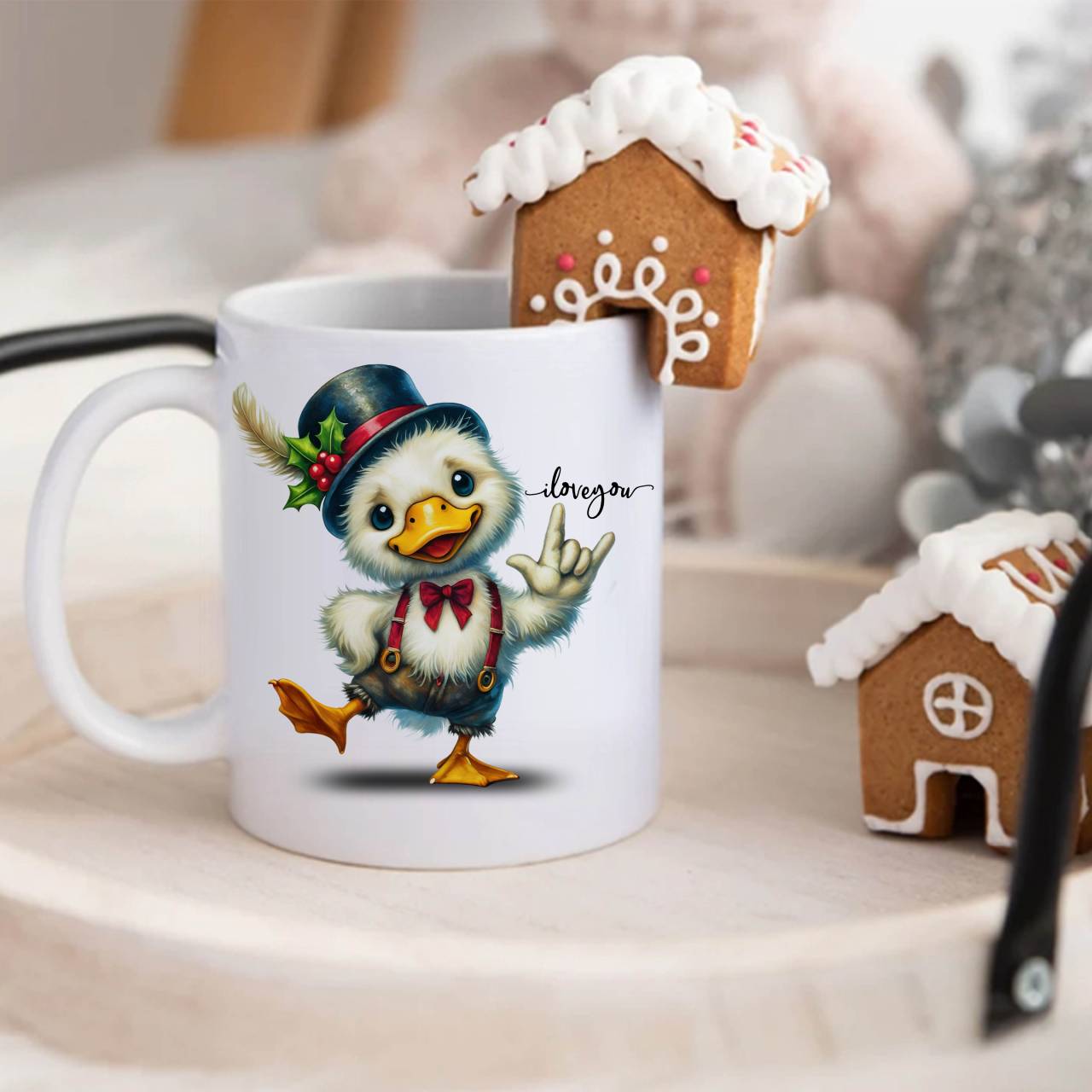 ASL "I Love You" Holiday Duck Ceramic Mug — Cute Winter Duck with Scarf, "Christmas Duck" Script (11oz/15oz) product thumbnail image ASL "I Love You" Holiday Duck Ceramic Mug — Cute Winter Duck with Scarf, "Christmas Duck" Script (11oz/15oz) product thumbnail image