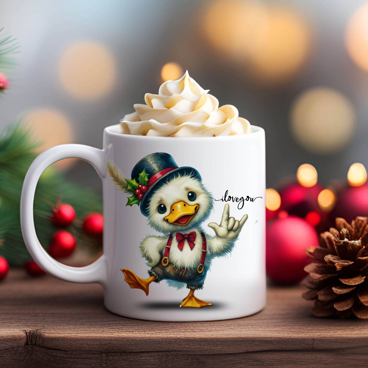 ASL "I Love You" Holiday Duck Ceramic Mug — Cute Winter Duck with Scarf, "Christmas Duck" Script (11oz/15oz) product thumbnail image ASL "I Love You" Holiday Duck Ceramic Mug — Cute Winter Duck with Scarf, "Christmas Duck" Script (11oz/15oz) product thumbnail image