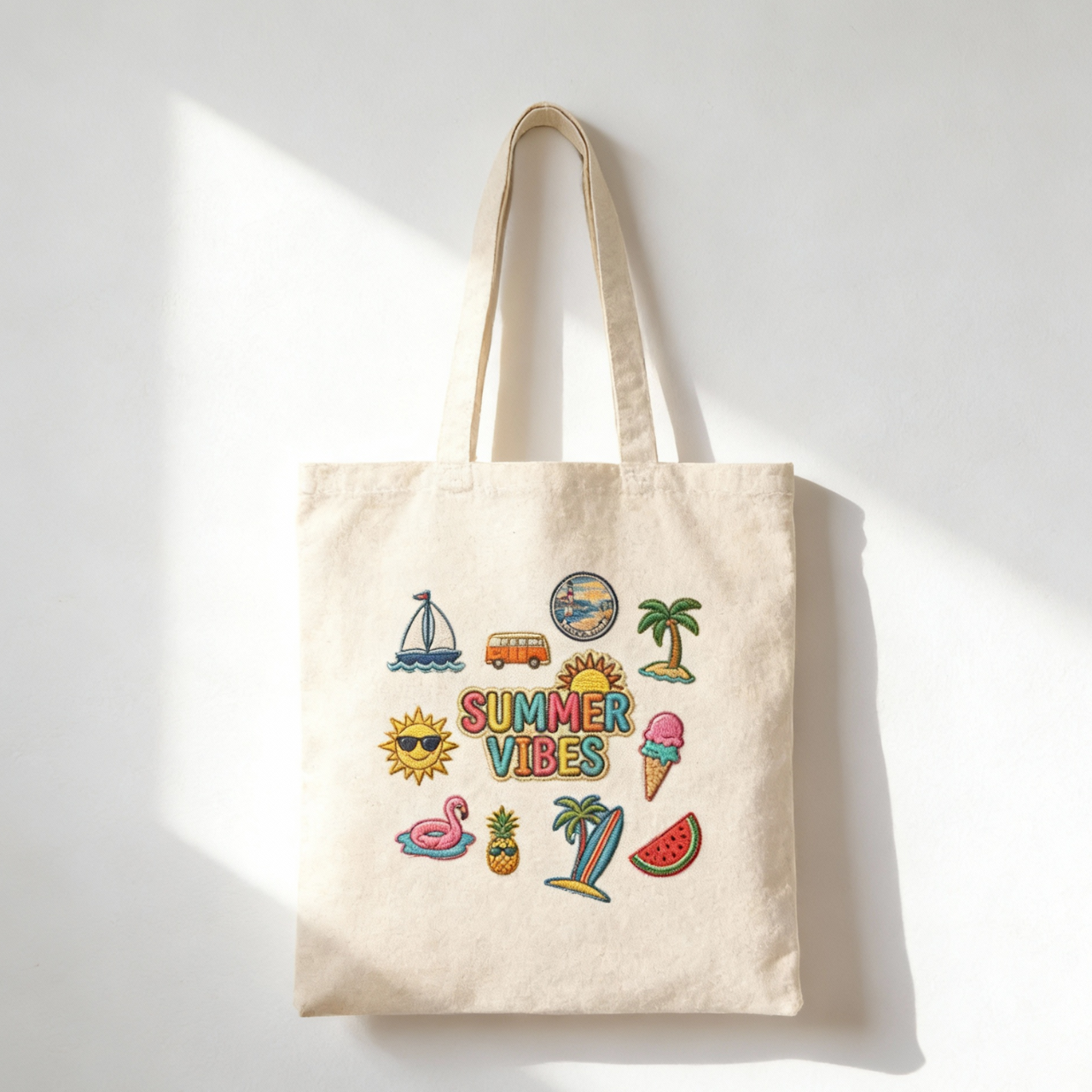 Summer Vibes ITA Bag, Faux Embroidered Patch Tote, Reusable Canvas Beach Bag, Cute Eco Friendly Shopper, Vacation Gift, Travel Tote product thumbnail image Summer Vibes ITA Bag, Faux Embroidered Patch Tote, Reusable Canvas Beach Bag, Cute Eco Friendly Shopper, Vacation Gift, Travel Tote product thumbnail image