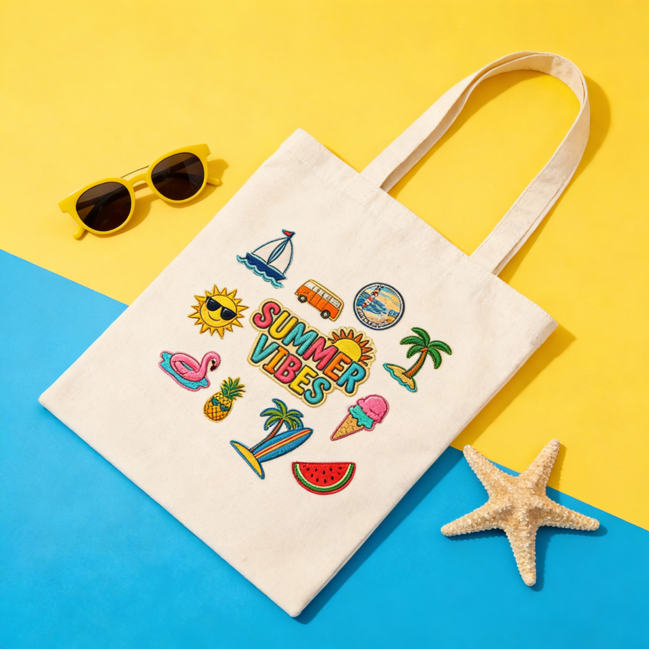 Summer Vibes ITA Bag, Faux Embroidered Patch Tote, Reusable Canvas Beach Bag, Cute Eco Friendly Shopper, Vacation Gift, Travel Tote product thumbnail image Summer Vibes ITA Bag, Faux Embroidered Patch Tote, Reusable Canvas Beach Bag, Cute Eco Friendly Shopper, Vacation Gift, Travel Tote product thumbnail image