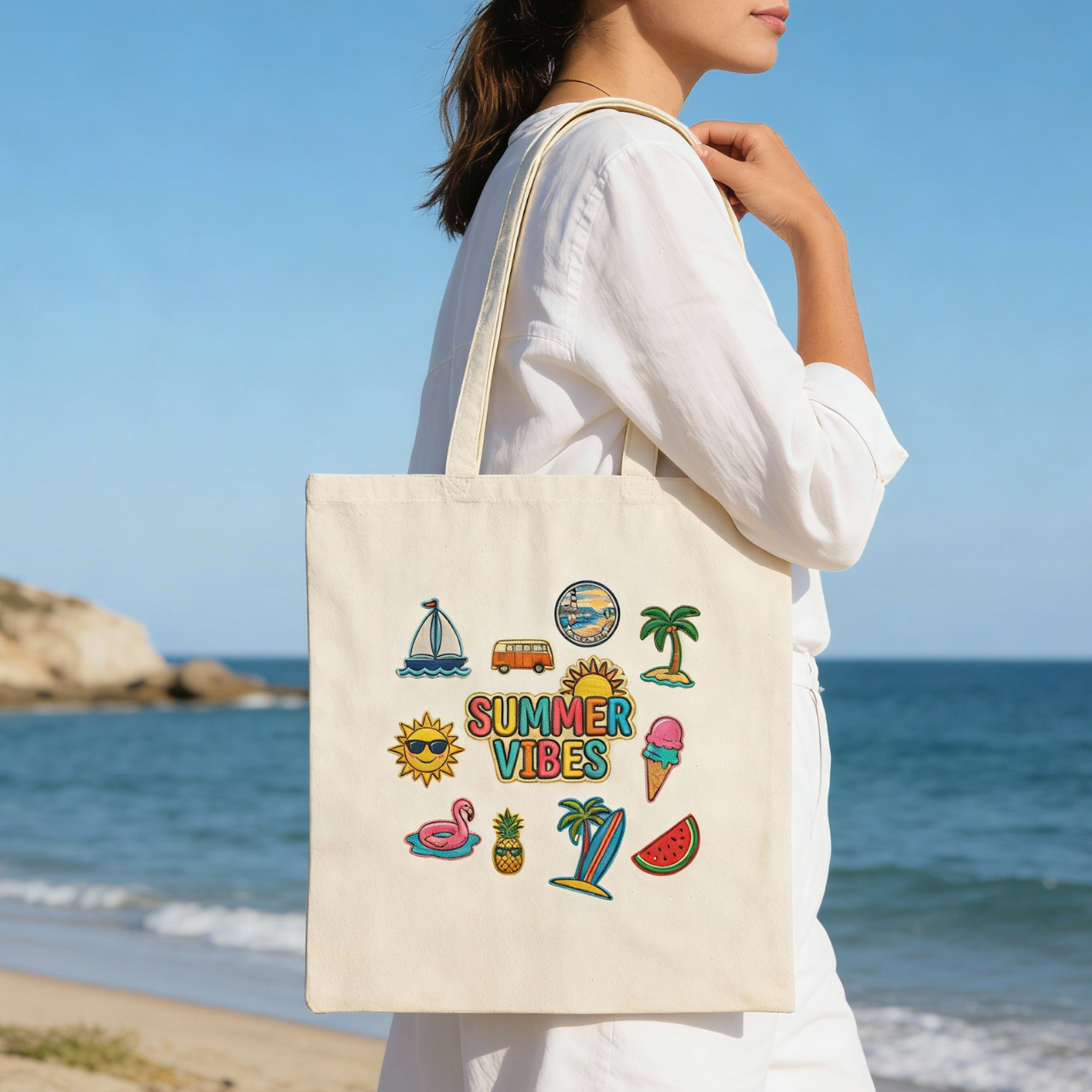 Summer Vibes ITA Bag, Faux Embroidered Patch Tote, Reusable Canvas Beach Bag, Cute Eco Friendly Shopper, Vacation Gift, Travel Tote product thumbnail image Summer Vibes ITA Bag, Faux Embroidered Patch Tote, Reusable Canvas Beach Bag, Cute Eco Friendly Shopper, Vacation Gift, Travel Tote product thumbnail image