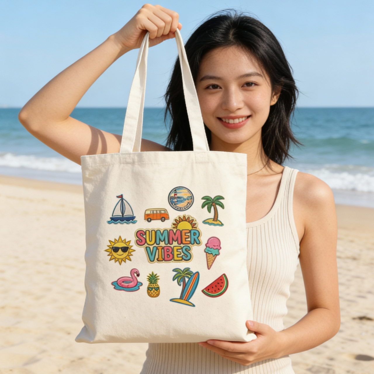 Summer Vibes ITA Bag, Faux Embroidered Patch Tote, Reusable Canvas Beach Bag, Cute Eco Friendly Shopper, Vacation Gift, Travel Tote product thumbnail image Summer Vibes ITA Bag, Faux Embroidered Patch Tote, Reusable Canvas Beach Bag, Cute Eco Friendly Shopper, Vacation Gift, Travel Tote product thumbnail image