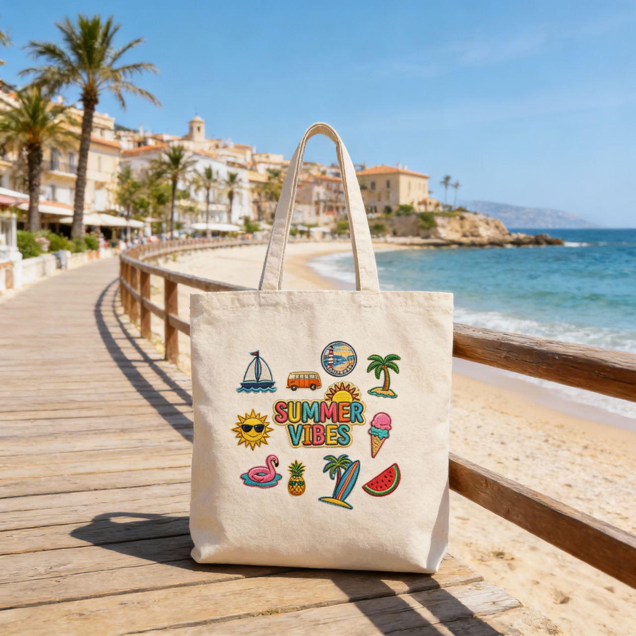 Summer Vibes ITA Bag, Faux Embroidered Patch Tote, Reusable Canvas Beach Bag, Cute Eco Friendly Shopper, Vacation Gift, Travel Tote product thumbnail image Summer Vibes ITA Bag, Faux Embroidered Patch Tote, Reusable Canvas Beach Bag, Cute Eco Friendly Shopper, Vacation Gift, Travel Tote product thumbnail image