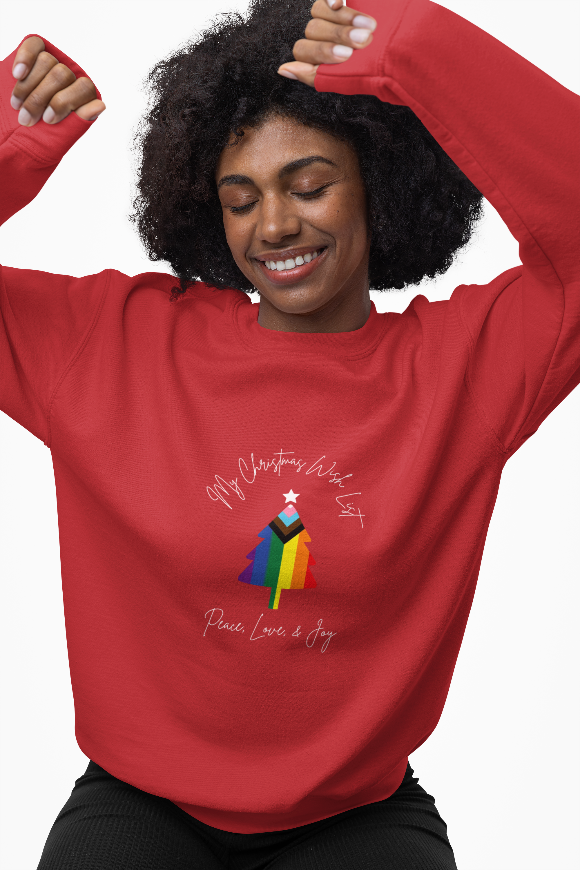 Christmas Wish List Sweatshirt - Rainbow Pride Tree "Peace, Love, & Joy" product thumbnail image Christmas Wish List Sweatshirt - Rainbow Pride Tree "Peace, Love, & Joy" product thumbnail image