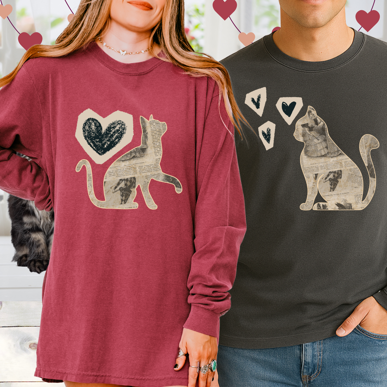 Retro Cat Silhouette with one Heart Couples Coordinating Valentine Long Sleeve T-Shirt