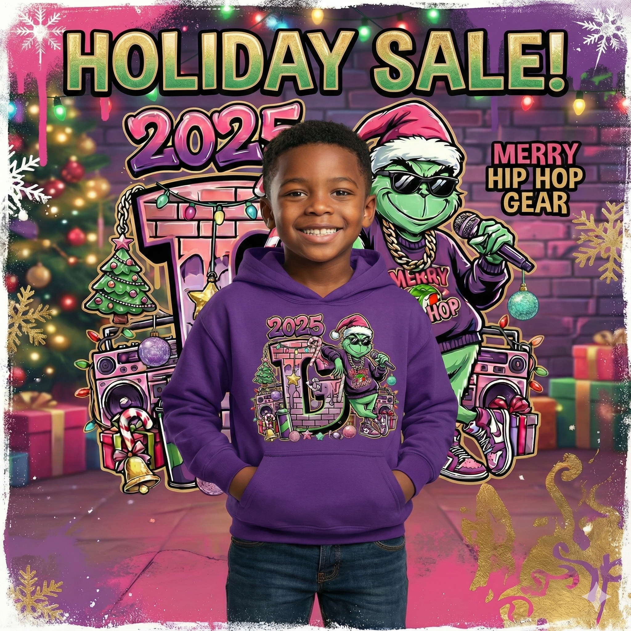 Merry Hip Hop Grinch Kids Hoodie — Funny Graffiti Christmas Sweatshirt for Girls & Boys product thumbnail image Merry Hip Hop Grinch Kids Hoodie — Funny Graffiti Christmas Sweatshirt for Girls & Boys product thumbnail image