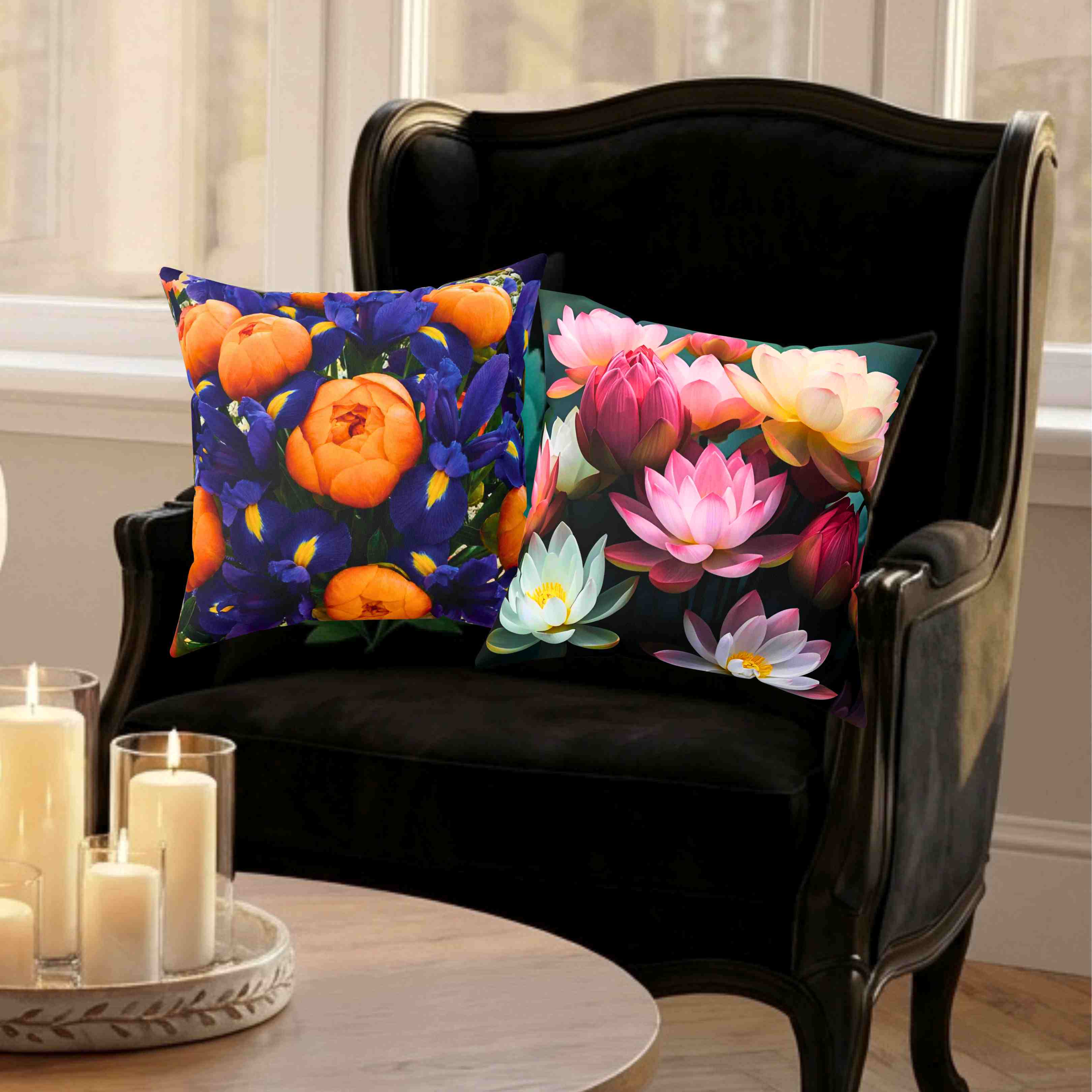 Orange Peonies and Blue Iris Pillow | Square Cushion product thumbnail image Orange Peonies and Blue Iris Pillow | Square Cushion product thumbnail image
