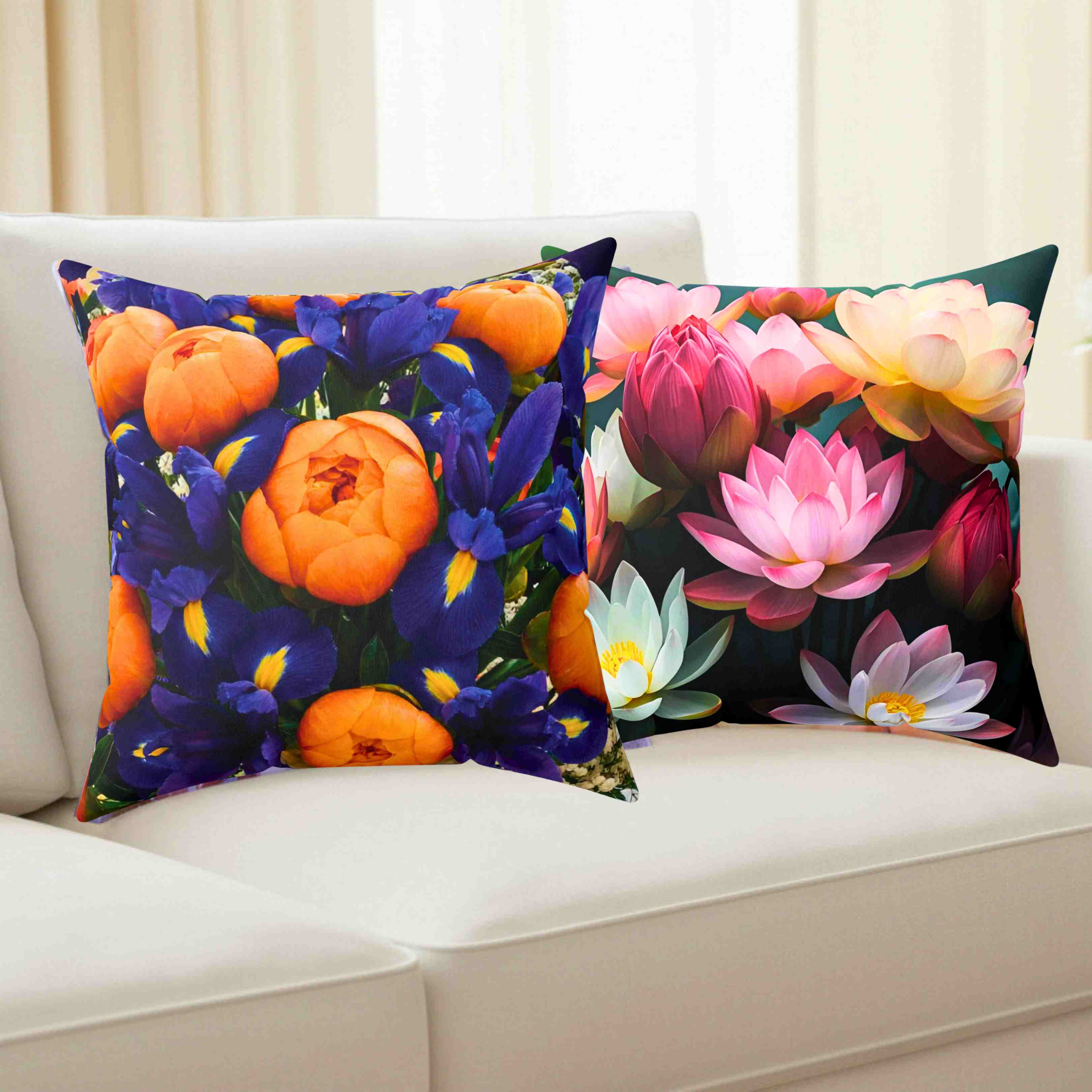 Orange Peonies and Blue Iris Pillow | Square Cushion product thumbnail image
