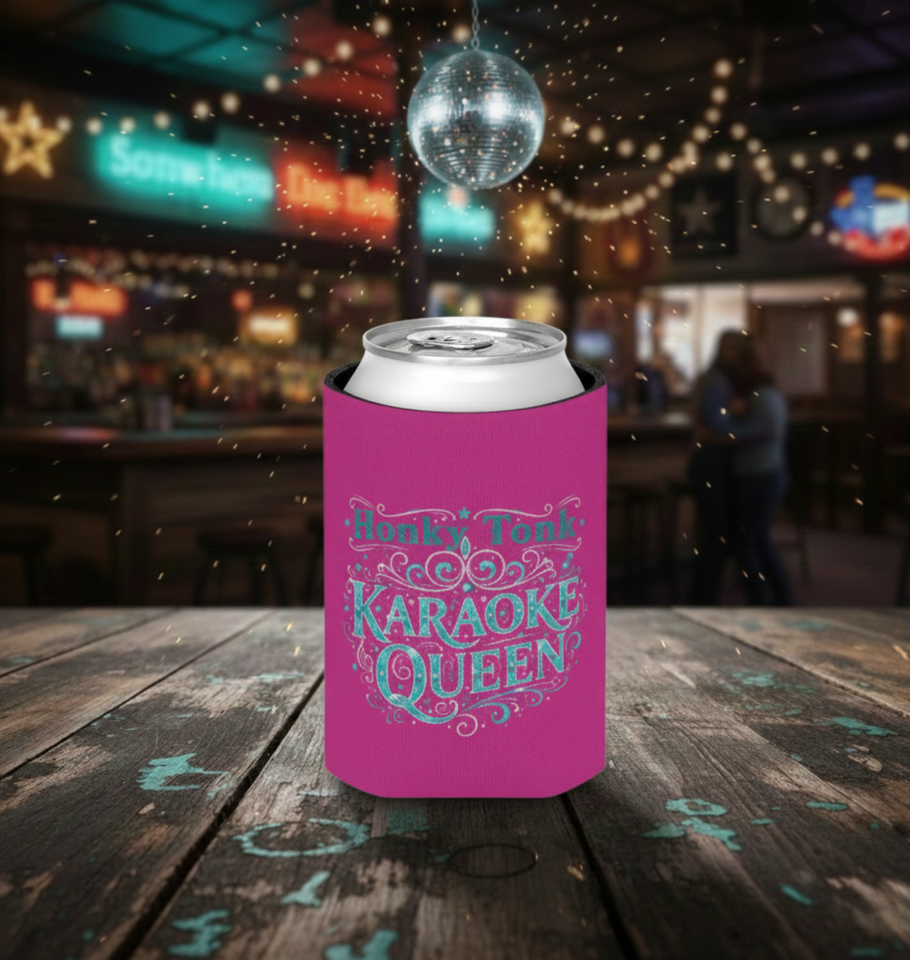 Honky Tonk Karaoke Queen Can Cooler — Pink 12 oz Koozie