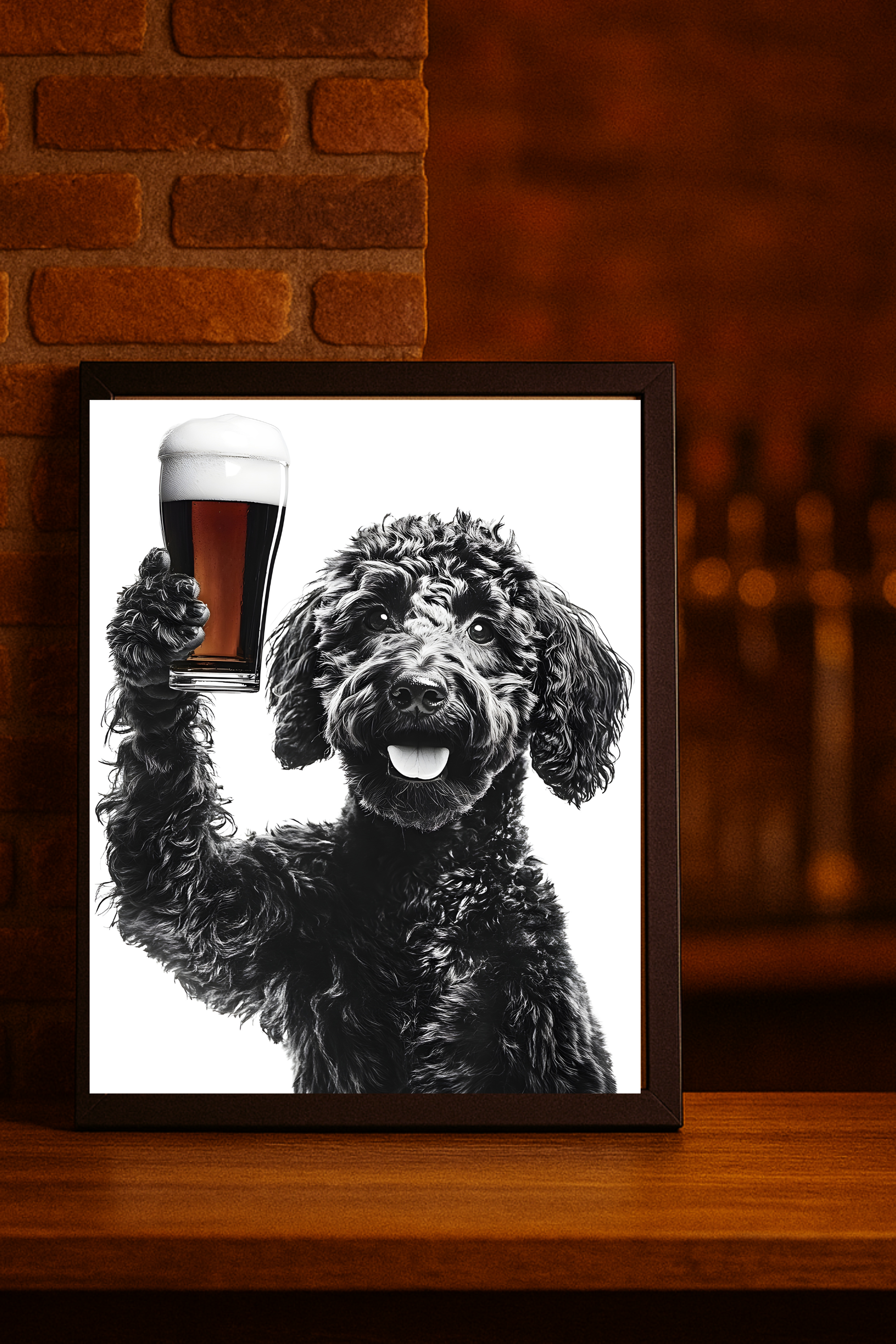 Black Labradoodle Holding Beer -Funny Dog Wall Art Print product thumbnail image Black Labradoodle Holding Beer -Funny Dog Wall Art Print product thumbnail image