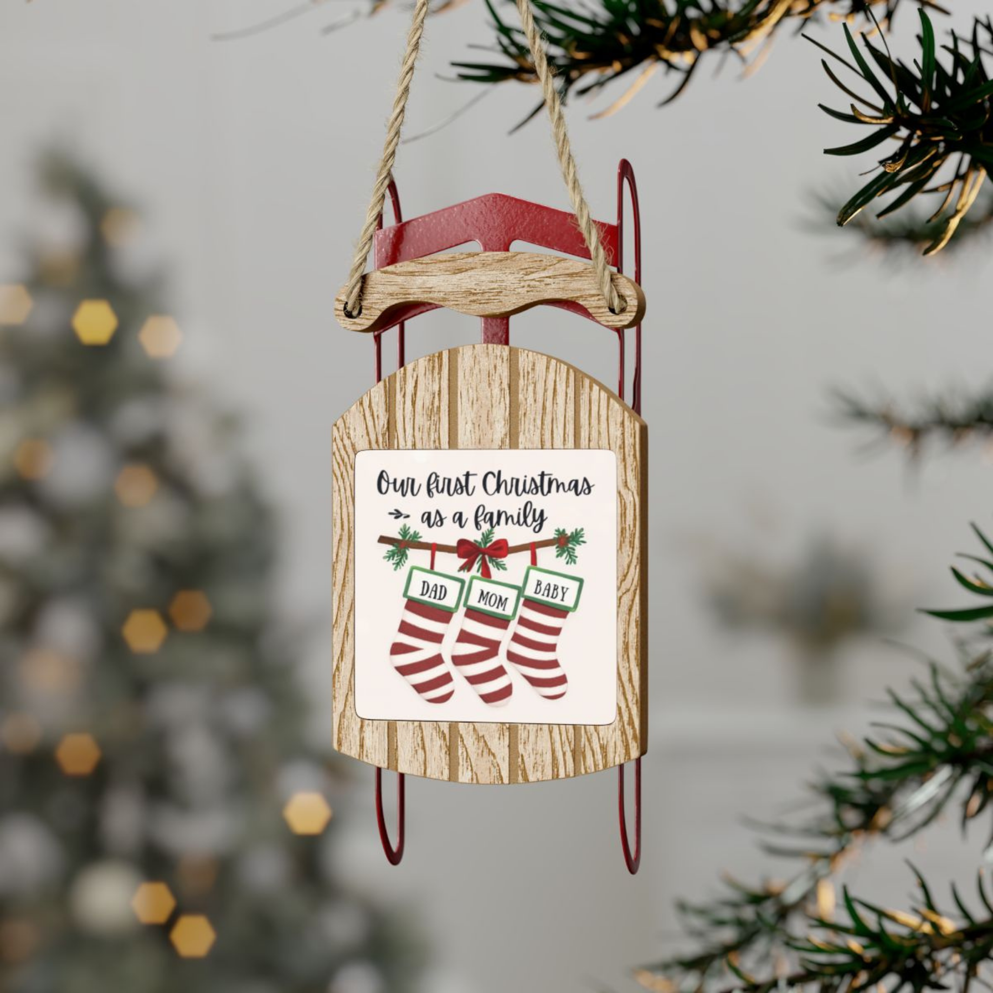 Our First Christmas as a Family Sled Ornament Rustic Wood Holiday Keepsake for New Parents Personalized Baby Christmas Stocking Ornament Gift product thumbnail image Our First Christmas as a Family Sled Ornament Rustic Wood Holiday Keepsake for New Parents Personalized Baby Christmas Stocking Ornament Gift product thumbnail image