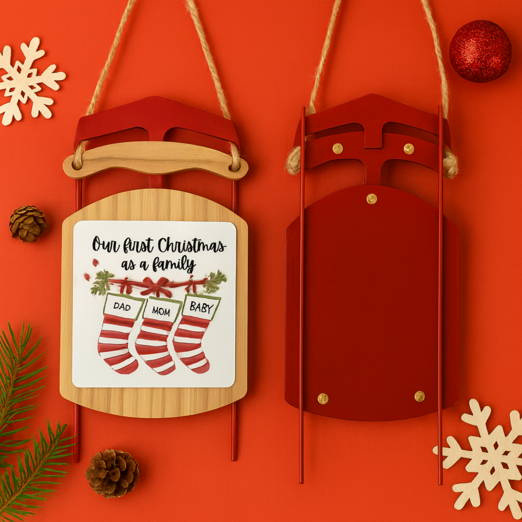 Our First Christmas as a Family Sled Ornament Rustic Wood Holiday Keepsake for New Parents Personalized Baby Christmas Stocking Ornament Gift product thumbnail image Our First Christmas as a Family Sled Ornament Rustic Wood Holiday Keepsake for New Parents Personalized Baby Christmas Stocking Ornament Gift product thumbnail image