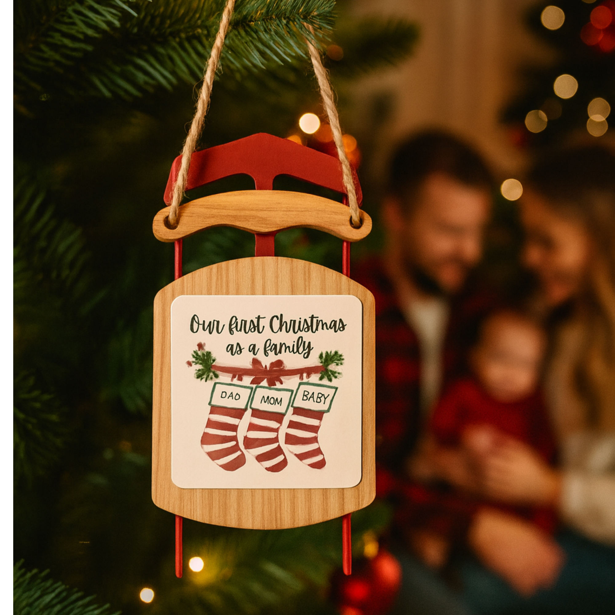 Our First Christmas as a Family Sled Ornament Rustic Wood Holiday Keepsake for New Parents Personalized Baby Christmas Stocking Ornament Gift product thumbnail image Our First Christmas as a Family Sled Ornament Rustic Wood Holiday Keepsake for New Parents Personalized Baby Christmas Stocking Ornament Gift product thumbnail image