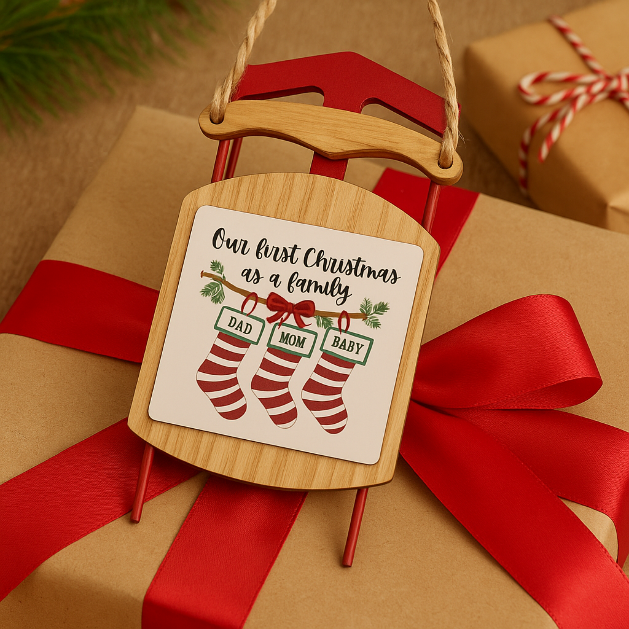 Our First Christmas as a Family Sled Ornament Rustic Wood Holiday Keepsake for New Parents Personalized Baby Christmas Stocking Ornament Gift product thumbnail image Our First Christmas as a Family Sled Ornament Rustic Wood Holiday Keepsake for New Parents Personalized Baby Christmas Stocking Ornament Gift product thumbnail image