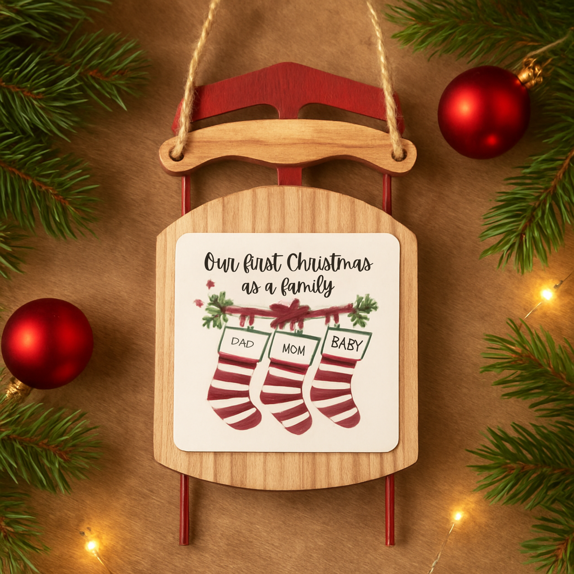 Our First Christmas as a Family Sled Ornament Rustic Wood Holiday Keepsake for New Parents Personalized Baby Christmas Stocking Ornament Gift product thumbnail image Our First Christmas as a Family Sled Ornament Rustic Wood Holiday Keepsake for New Parents Personalized Baby Christmas Stocking Ornament Gift product thumbnail image