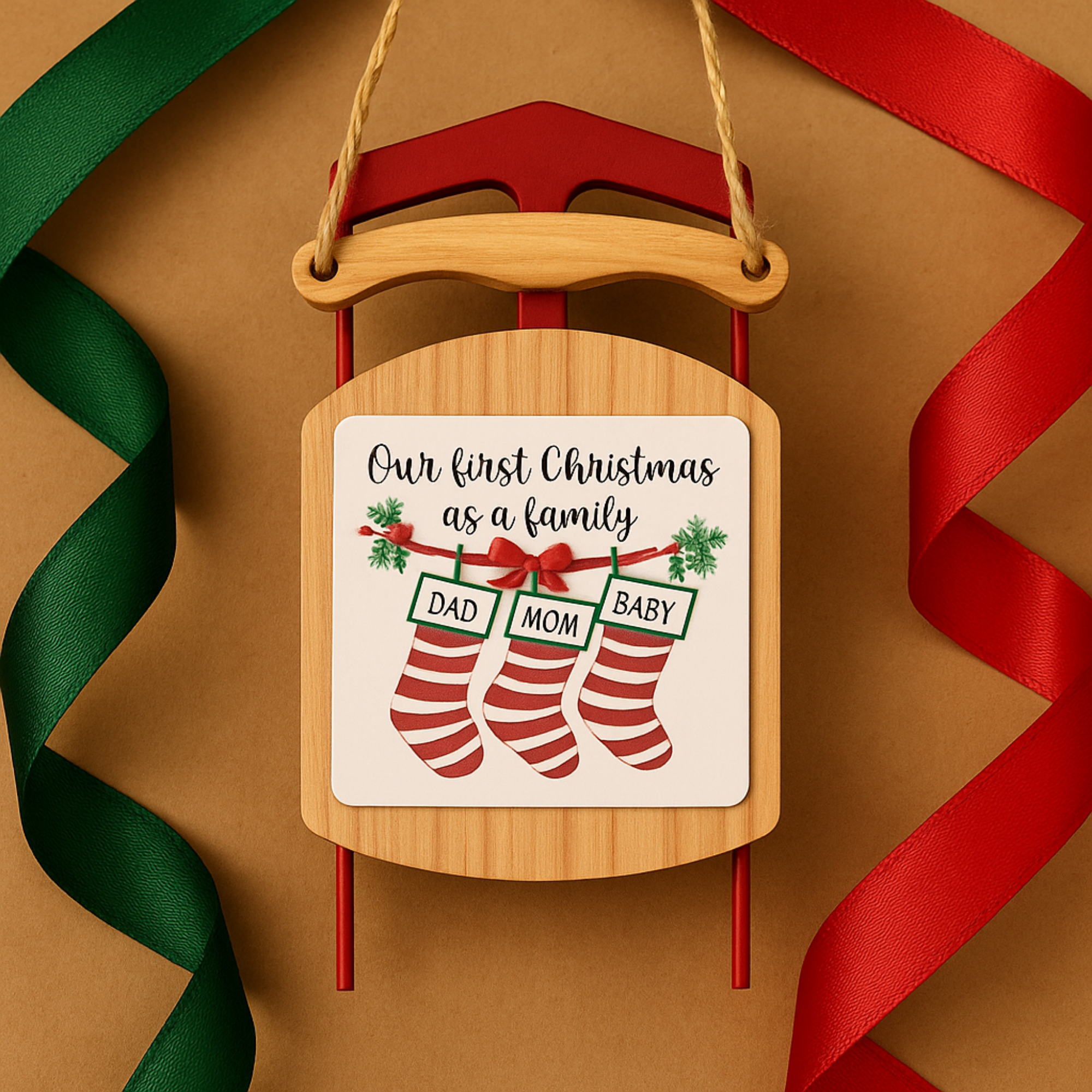 Our First Christmas as a Family Sled Ornament Rustic Wood Holiday Keepsake for New Parents Personalized Baby Christmas Stocking Ornament Gift product thumbnail image Our First Christmas as a Family Sled Ornament Rustic Wood Holiday Keepsake for New Parents Personalized Baby Christmas Stocking Ornament Gift product thumbnail image