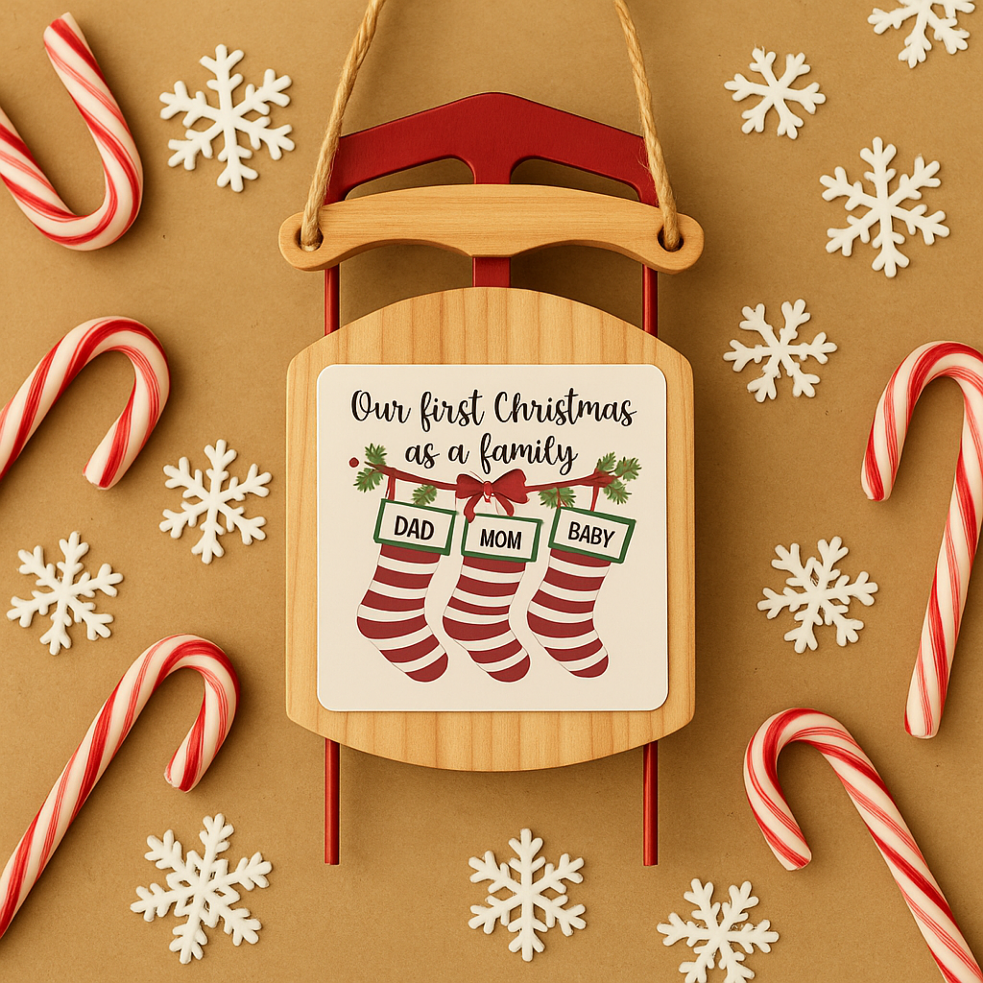 Our First Christmas as a Family Sled Ornament Rustic Wood Holiday Keepsake for New Parents Personalized Baby Christmas Stocking Ornament Gift product thumbnail image Our First Christmas as a Family Sled Ornament Rustic Wood Holiday Keepsake for New Parents Personalized Baby Christmas Stocking Ornament Gift product thumbnail image