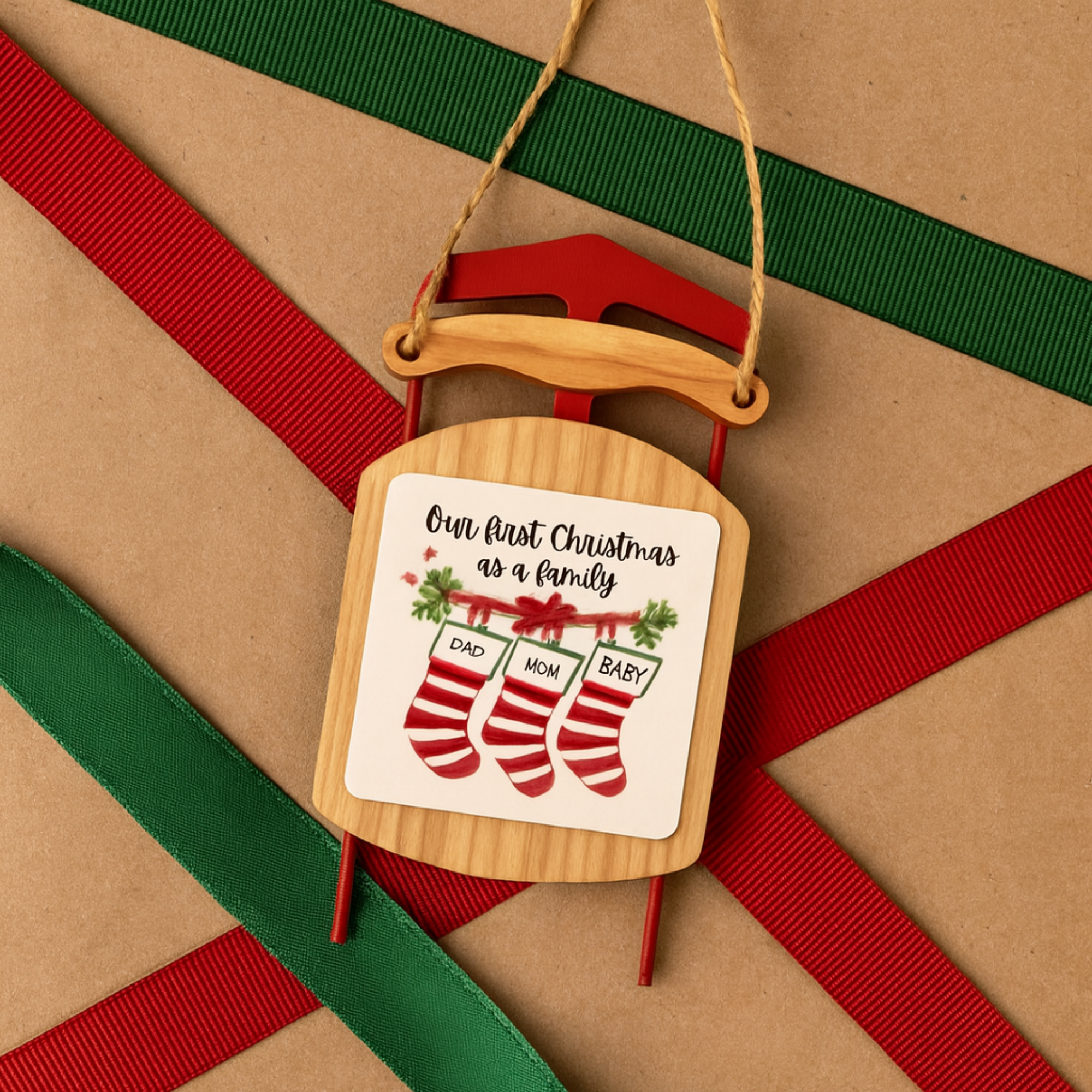 Our First Christmas as a Family Sled Ornament Rustic Wood Holiday Keepsake for New Parents Personalized Baby Christmas Stocking Ornament Gift product thumbnail image Our First Christmas as a Family Sled Ornament Rustic Wood Holiday Keepsake for New Parents Personalized Baby Christmas Stocking Ornament Gift product thumbnail image