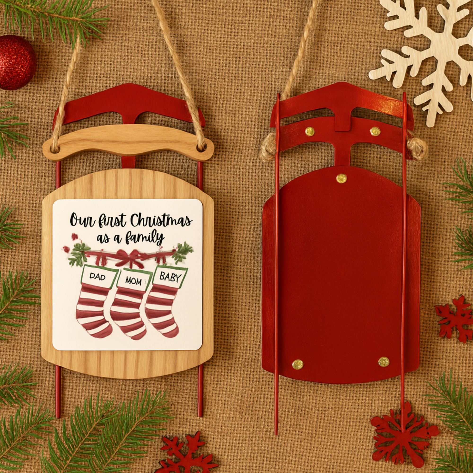 Our First Christmas as a Family Sled Ornament Rustic Wood Holiday Keepsake for New Parents Personalized Baby Christmas Stocking Ornament Gift product thumbnail image Our First Christmas as a Family Sled Ornament Rustic Wood Holiday Keepsake for New Parents Personalized Baby Christmas Stocking Ornament Gift product thumbnail image