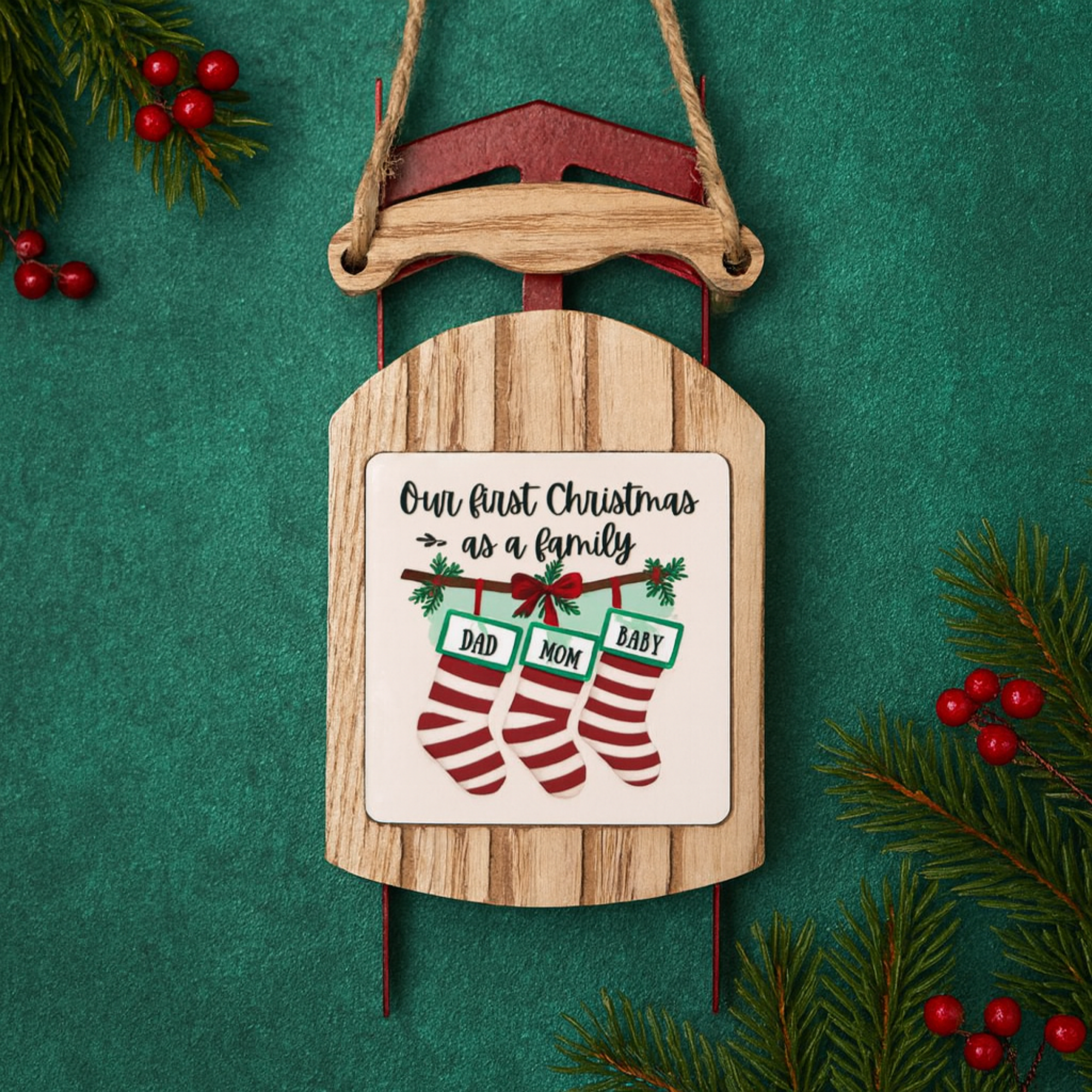 Our First Christmas as a Family Sled Ornament Rustic Wood Holiday Keepsake for New Parents Personalized Baby Christmas Stocking Ornament Gift product thumbnail image Our First Christmas as a Family Sled Ornament Rustic Wood Holiday Keepsake for New Parents Personalized Baby Christmas Stocking Ornament Gift product thumbnail image