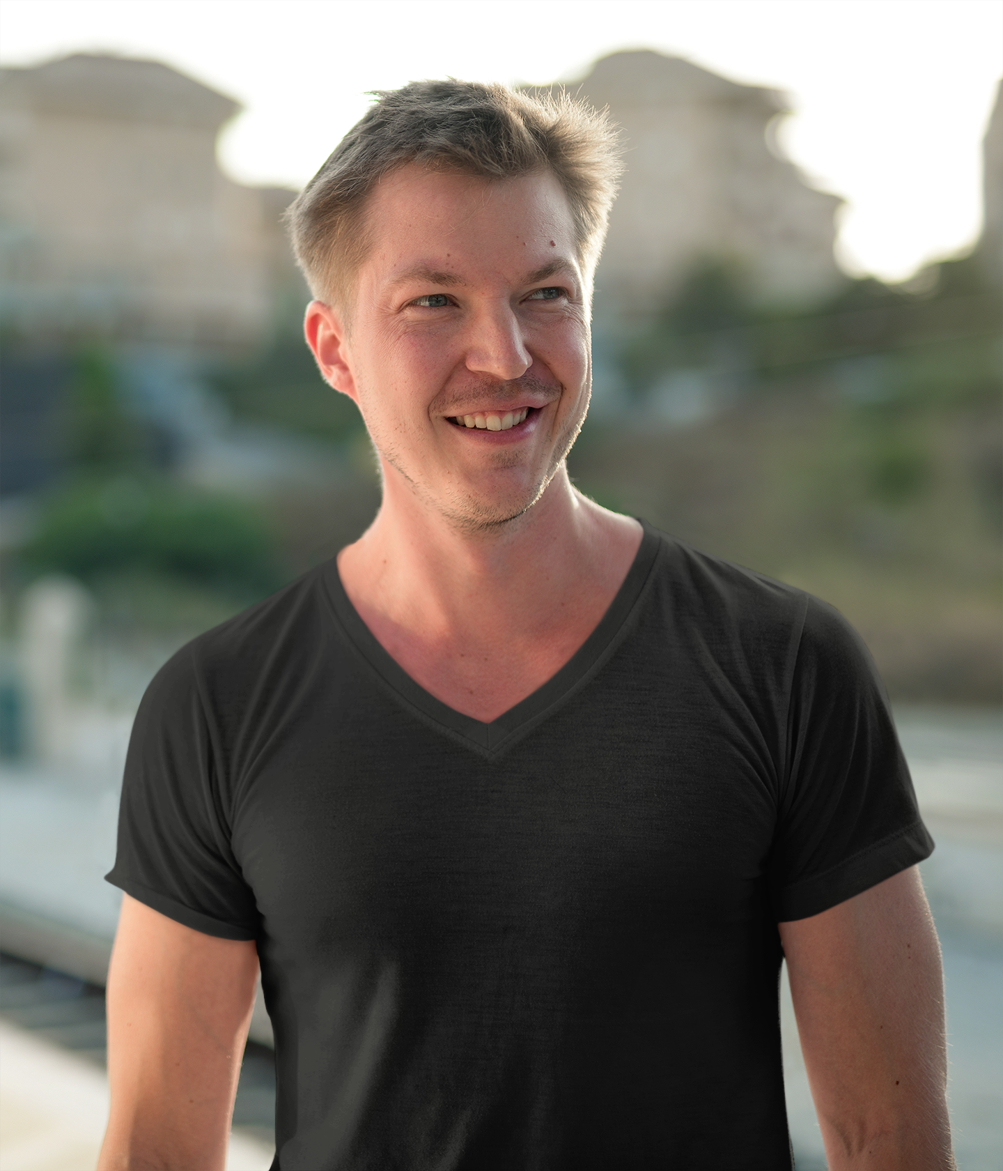 Ultimate Men's V-Neck Tee — Minimal Micro Back Logo, Fitted Short Sleeve product thumbnail image Ultimate Men's V-Neck Tee — Minimal Micro Back Logo, Fitted Short Sleeve product thumbnail image