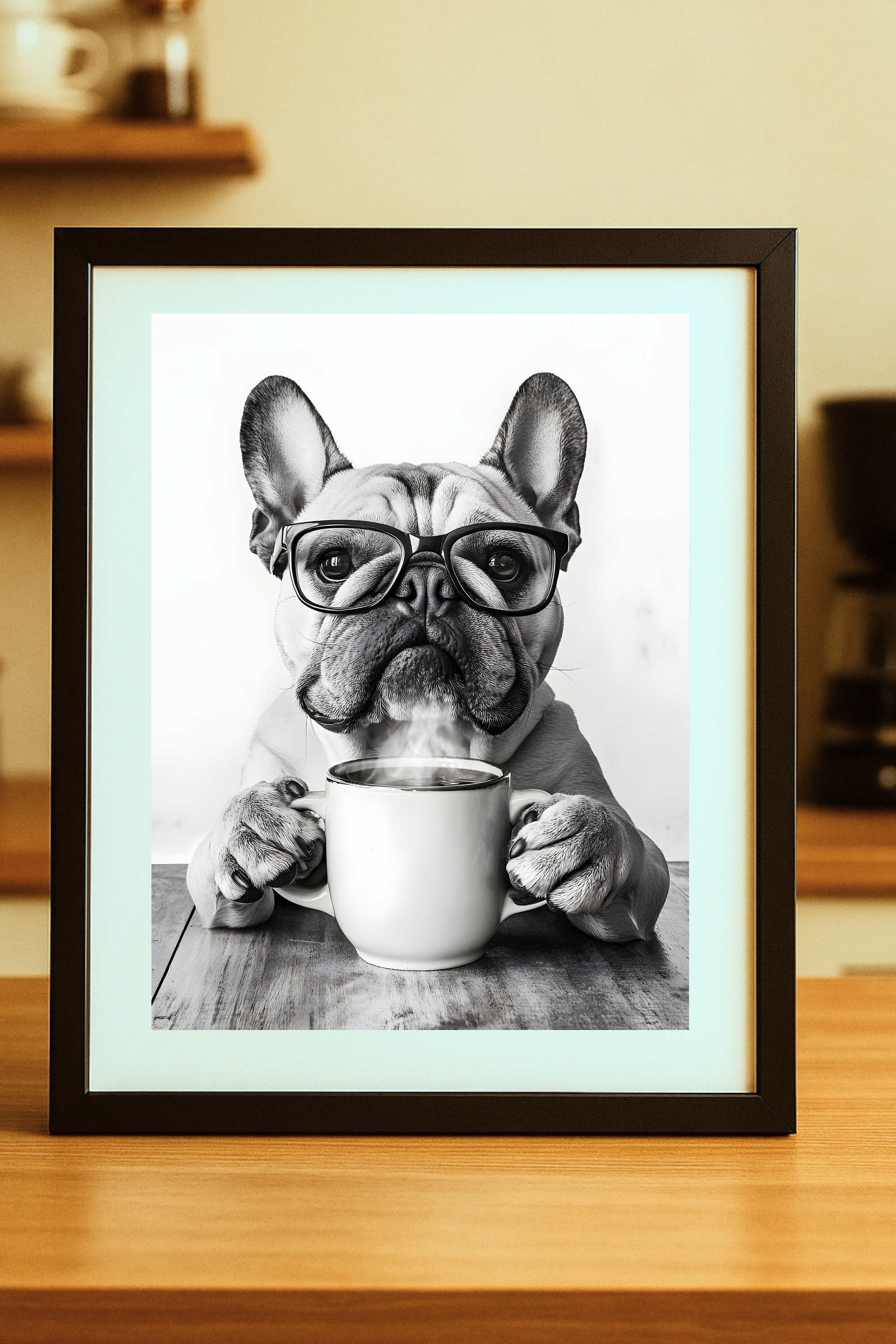 French Bulldog with Coffee Poster — Funny Wall Art Print 