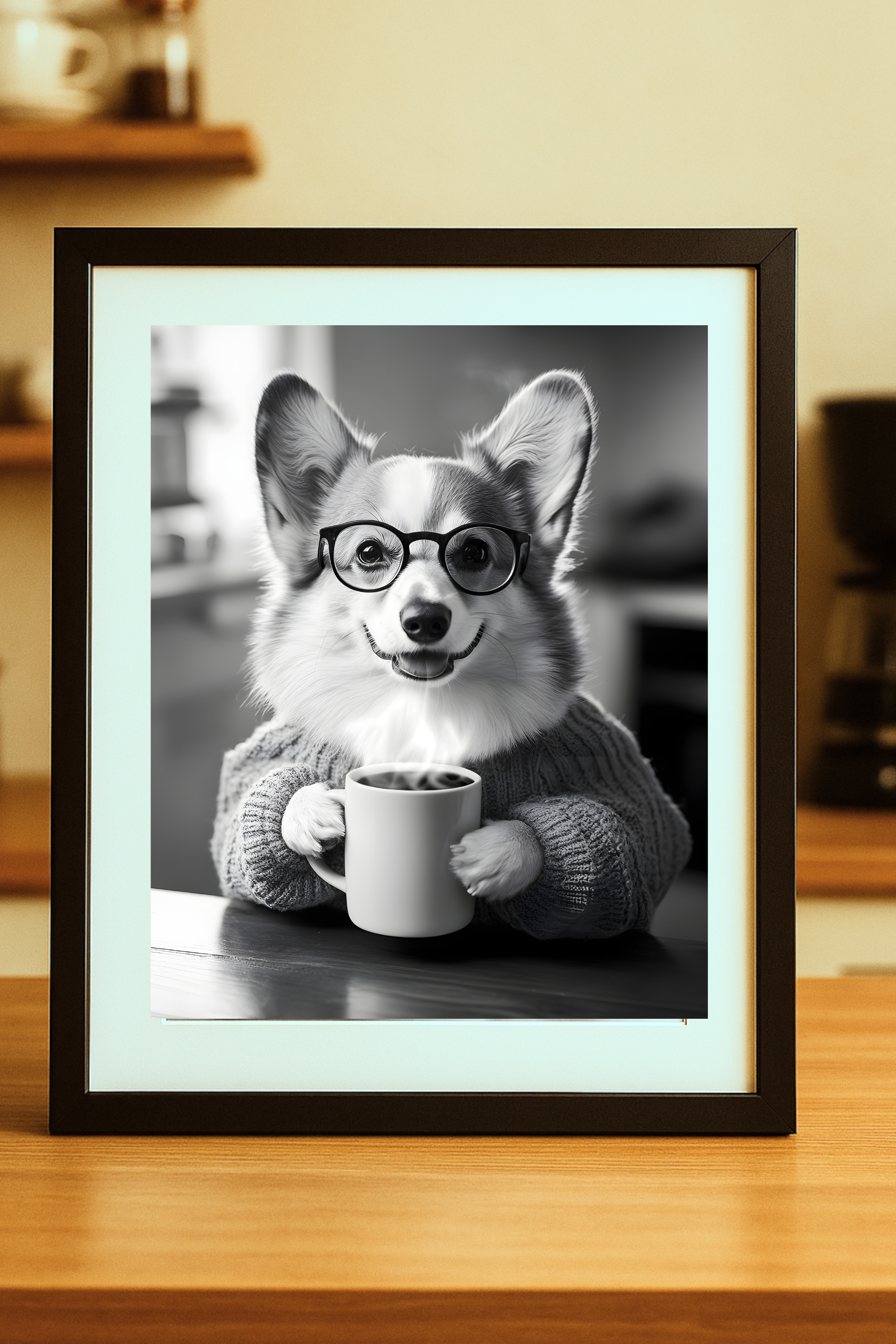 Corgi with Coffee Poster — Funny Wall Art Print