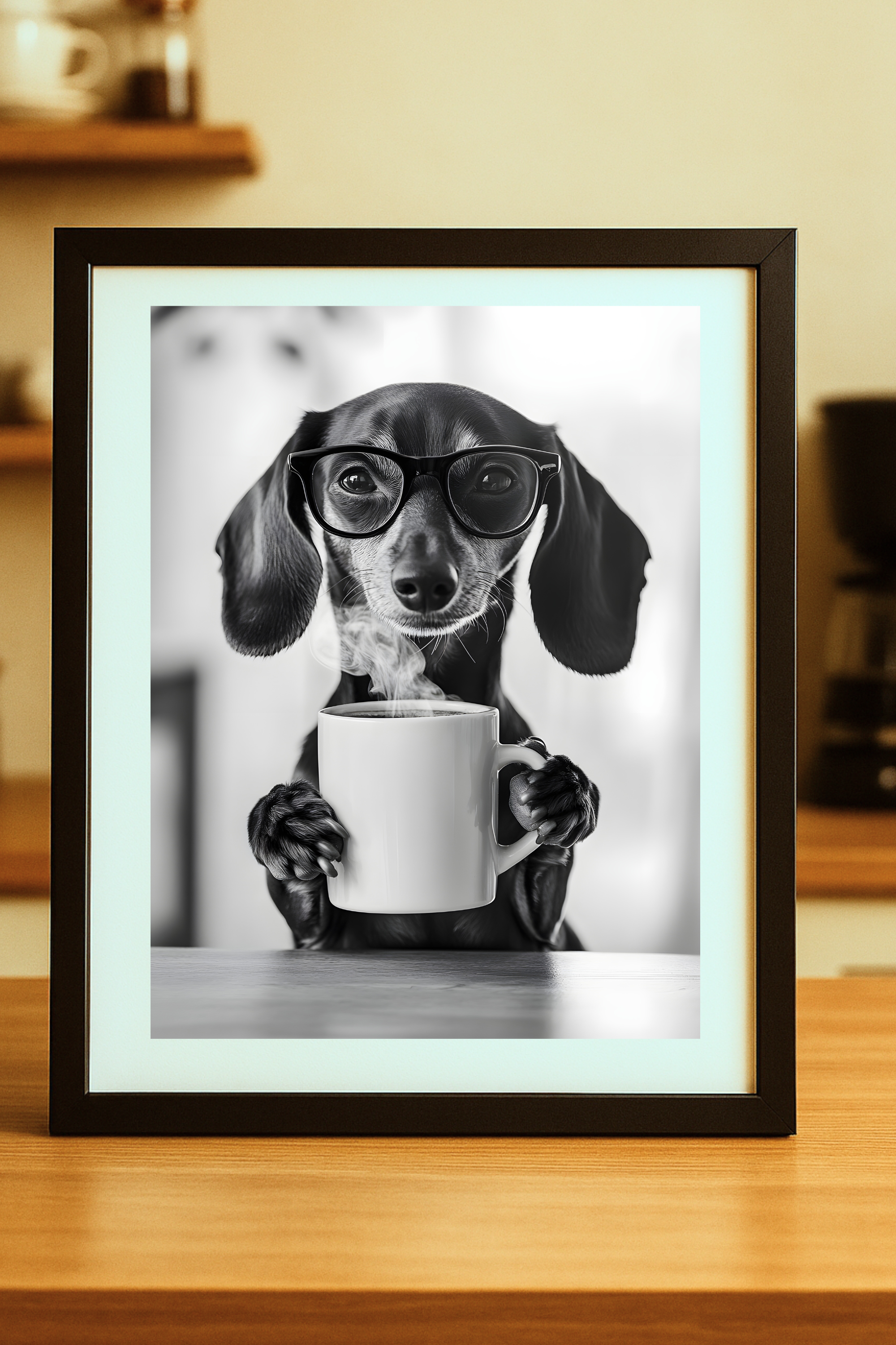 Dachshund with Coffee Poster — Funny Wall Art Print Dachshund with Coffee Poster — Funny Wall Art Print