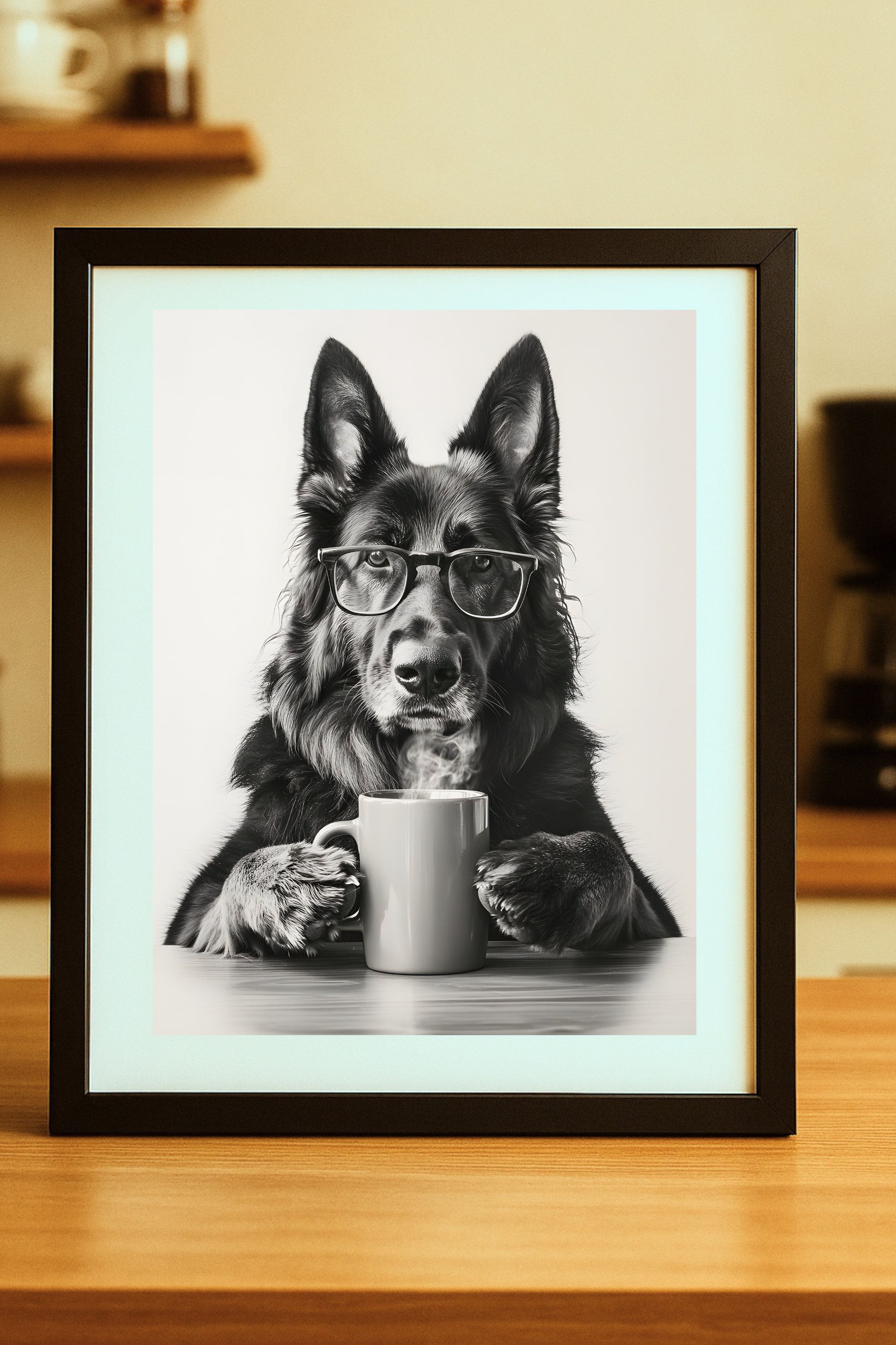 German Shepherd with Coffee Poster — Funny Wall Art Print product thumbnail image German Shepherd with Coffee Poster — Funny Wall Art Print product thumbnail image