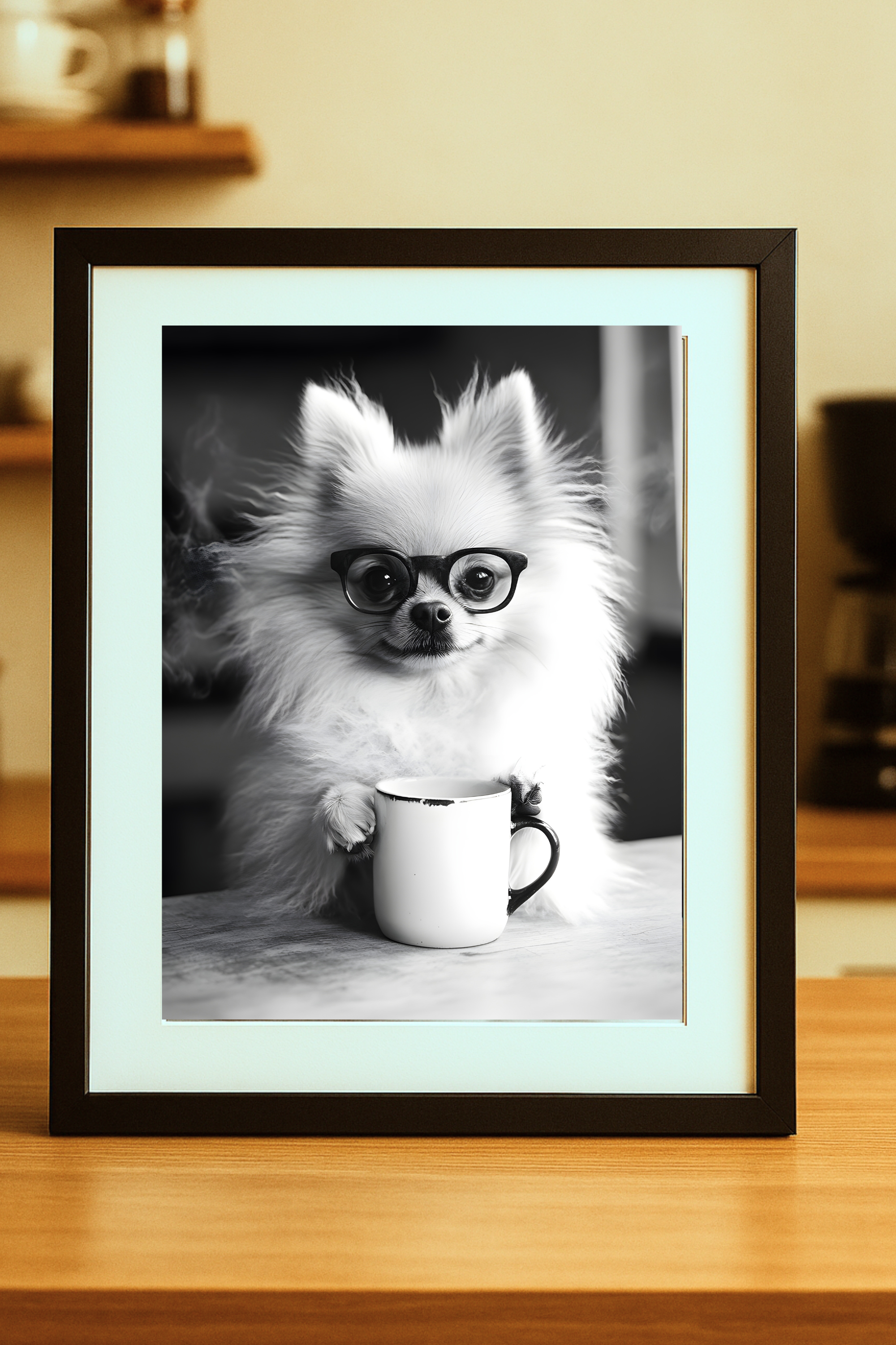 Pomeranian dog with Coffee Poster — Funny Wall Art Print Pomeranian dog with Coffee Poster — Funny Wall Art Print