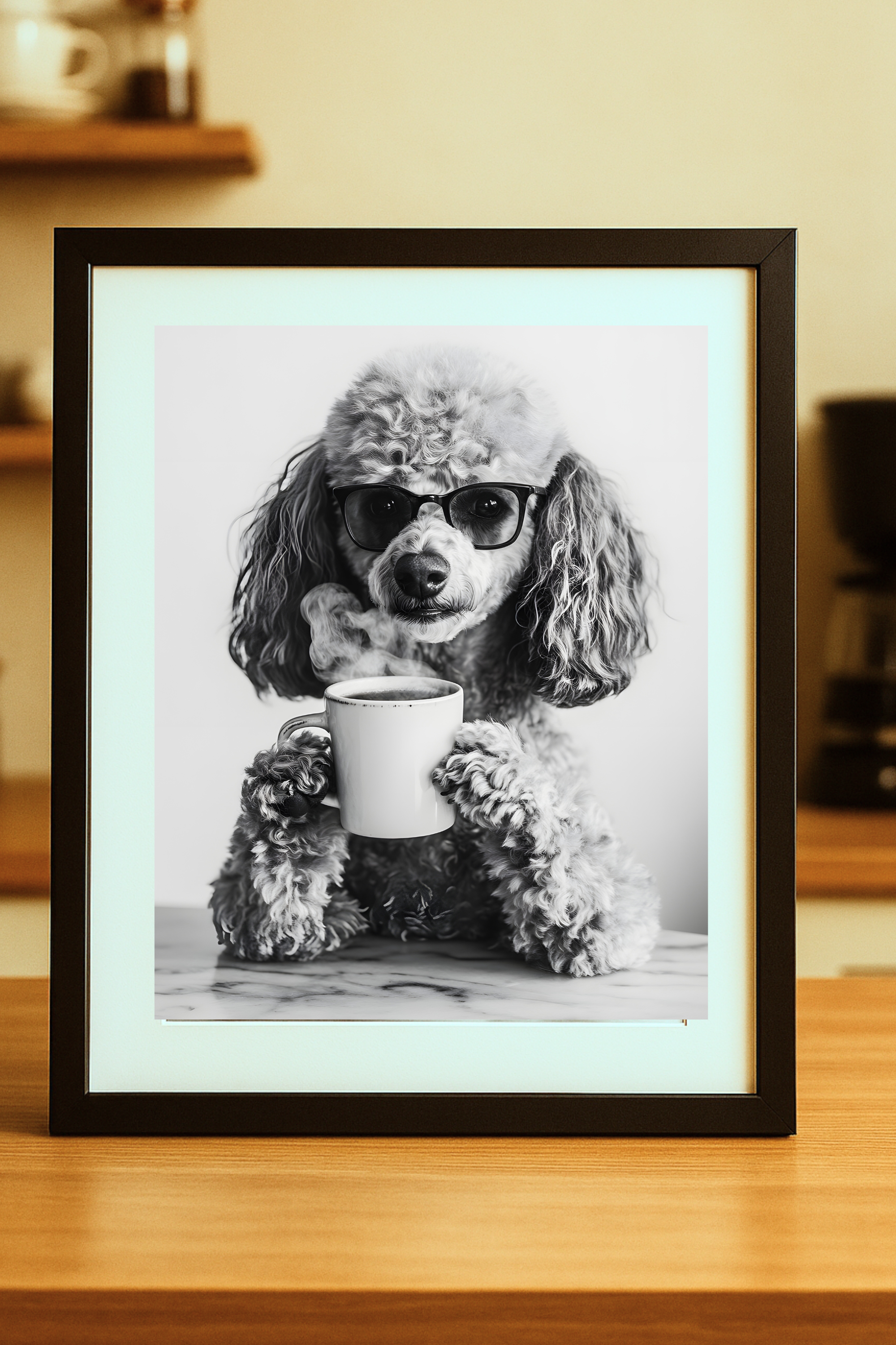 Poodle with Coffee Poster — Funny Wall Art Print Poodle with Coffee Poster — Funny Wall Art Print