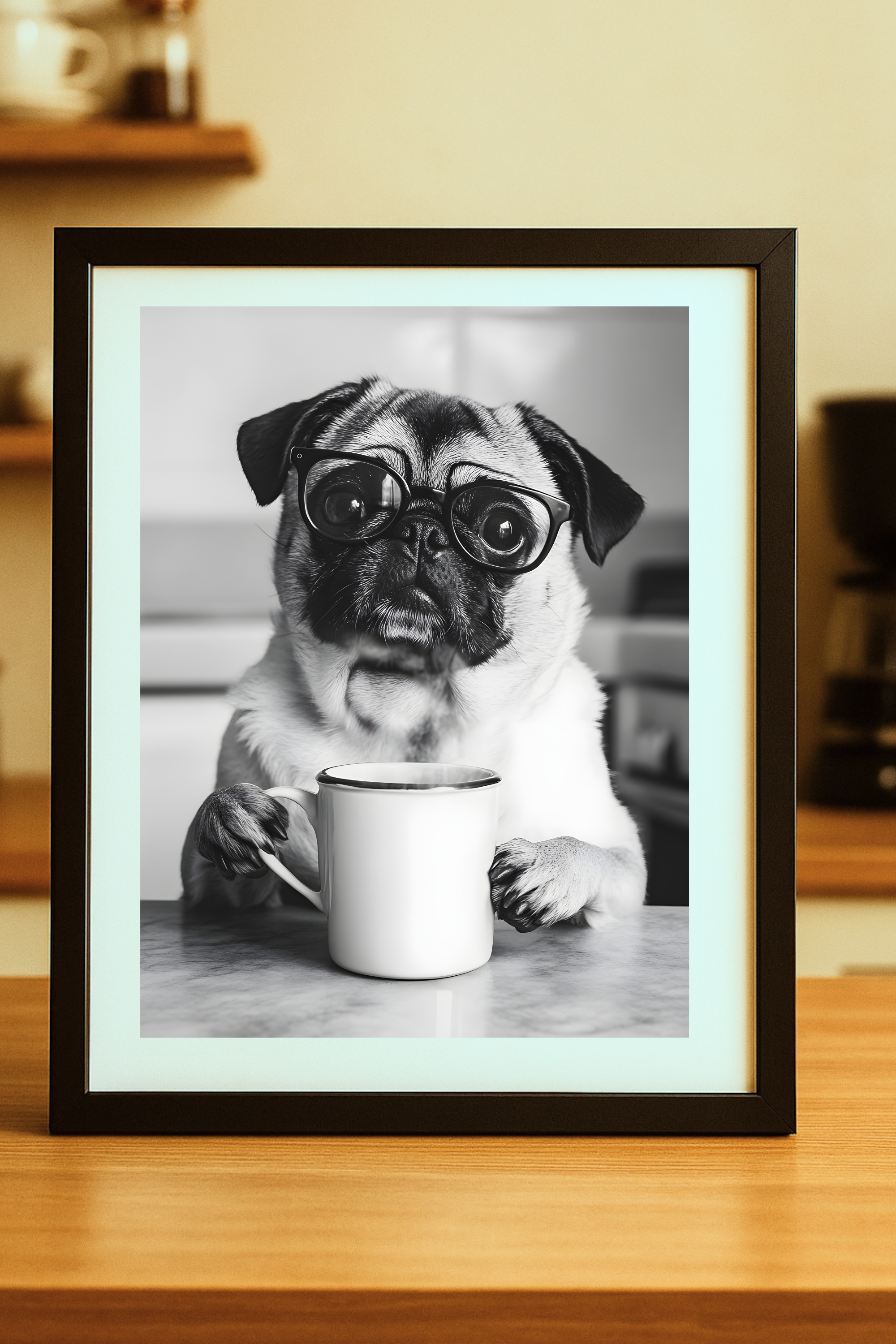 Pug dog with Coffee Poster — Funny  Wall Art Print