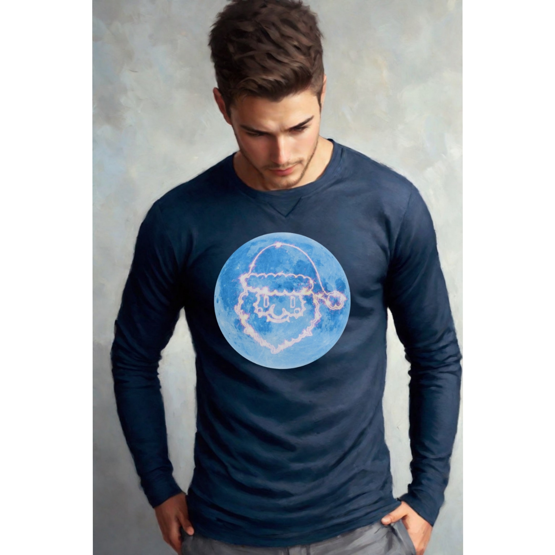 Cute Blue Watercolor Santa Moon Long Sleeve Tee