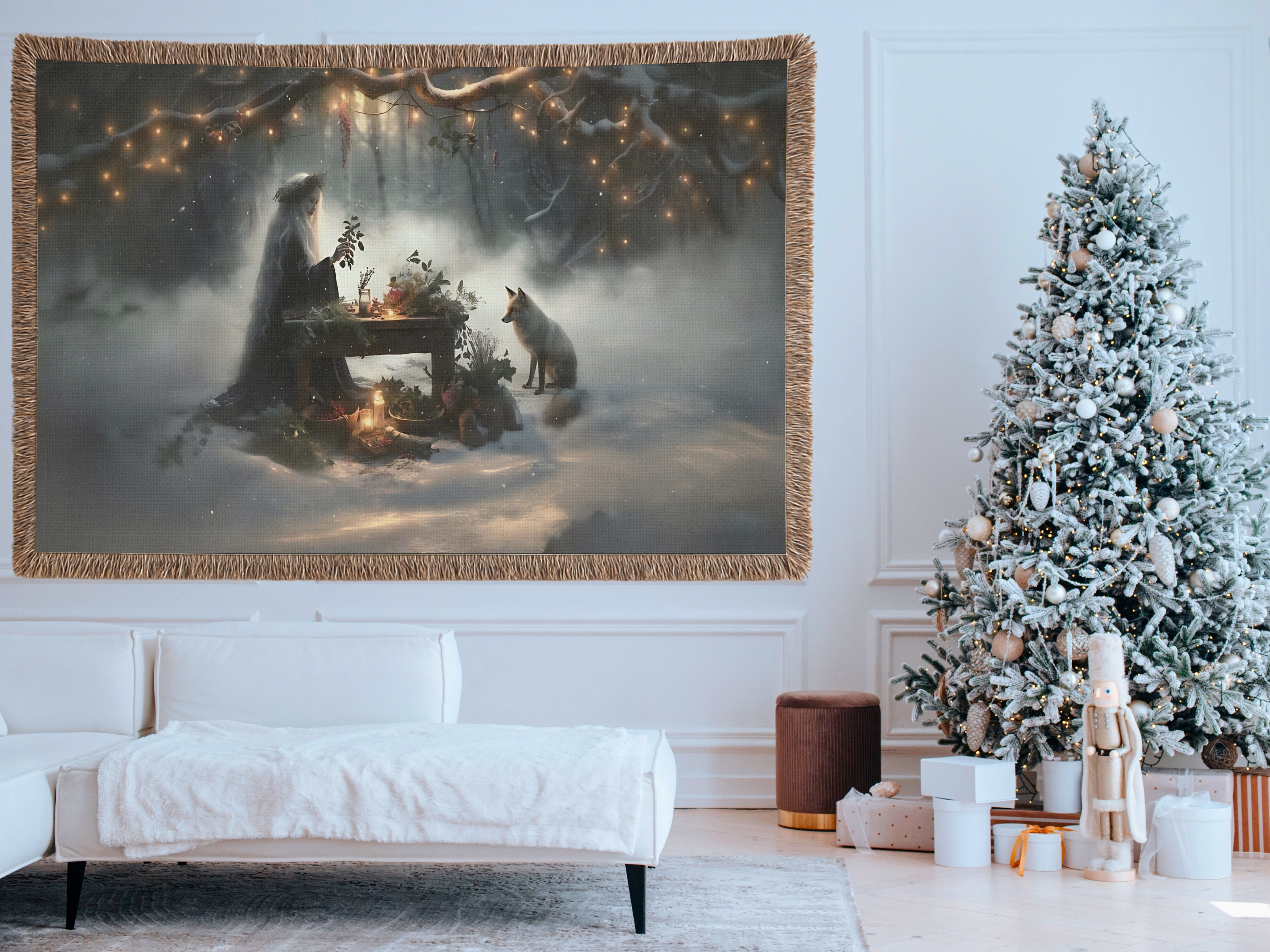 (U.S.) Solstice Witch Forest Woven Blanket. Tapesty — Fox, Altar &amp; Candlelight Winter Throw (Horizontal) product thumbnail image
