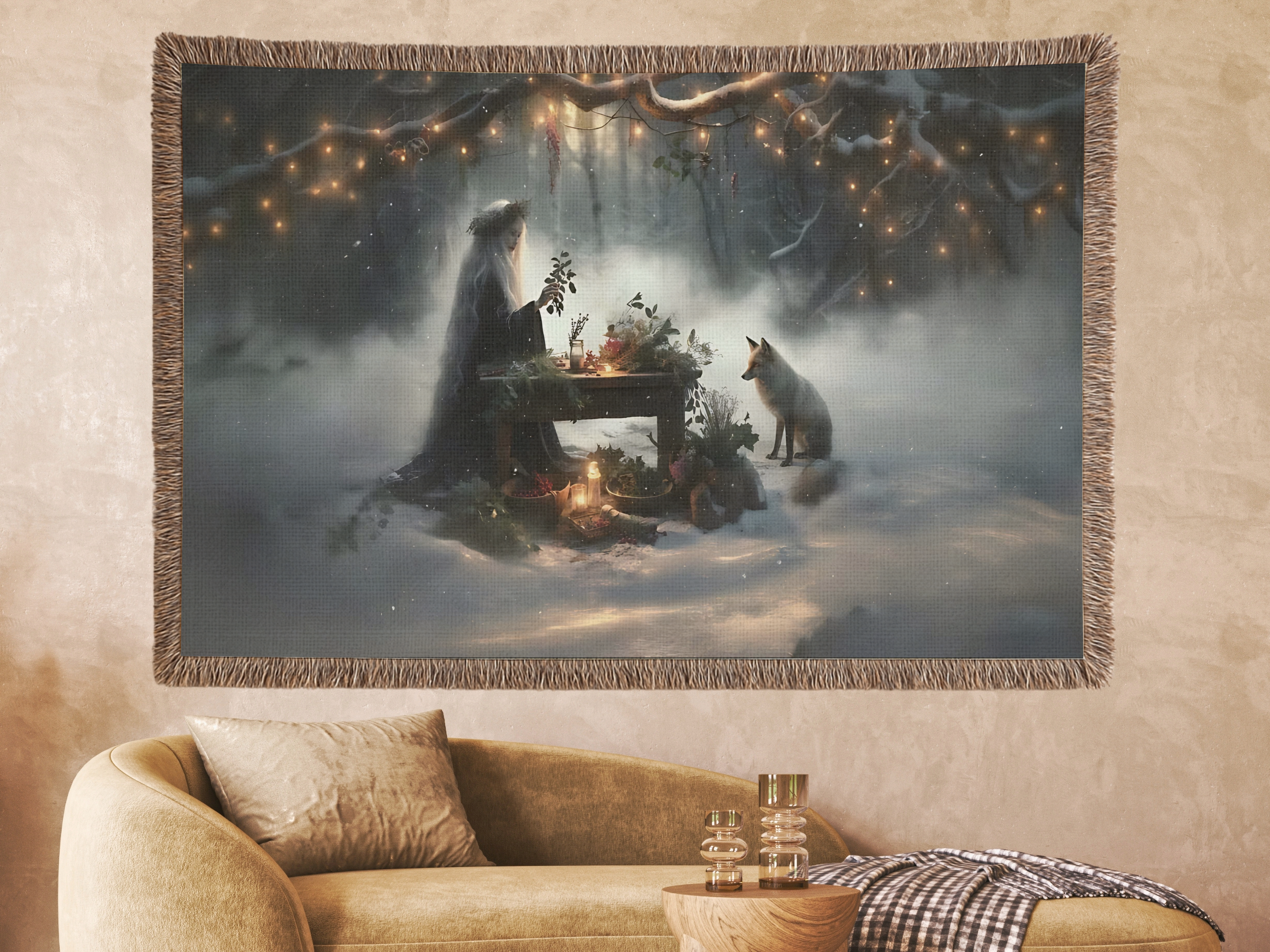 (U.S.) Solstice Witch Forest Woven Blanket. Tapesty — Fox, Altar &amp; Candlelight Winter Throw (Horizontal) product thumbnail image