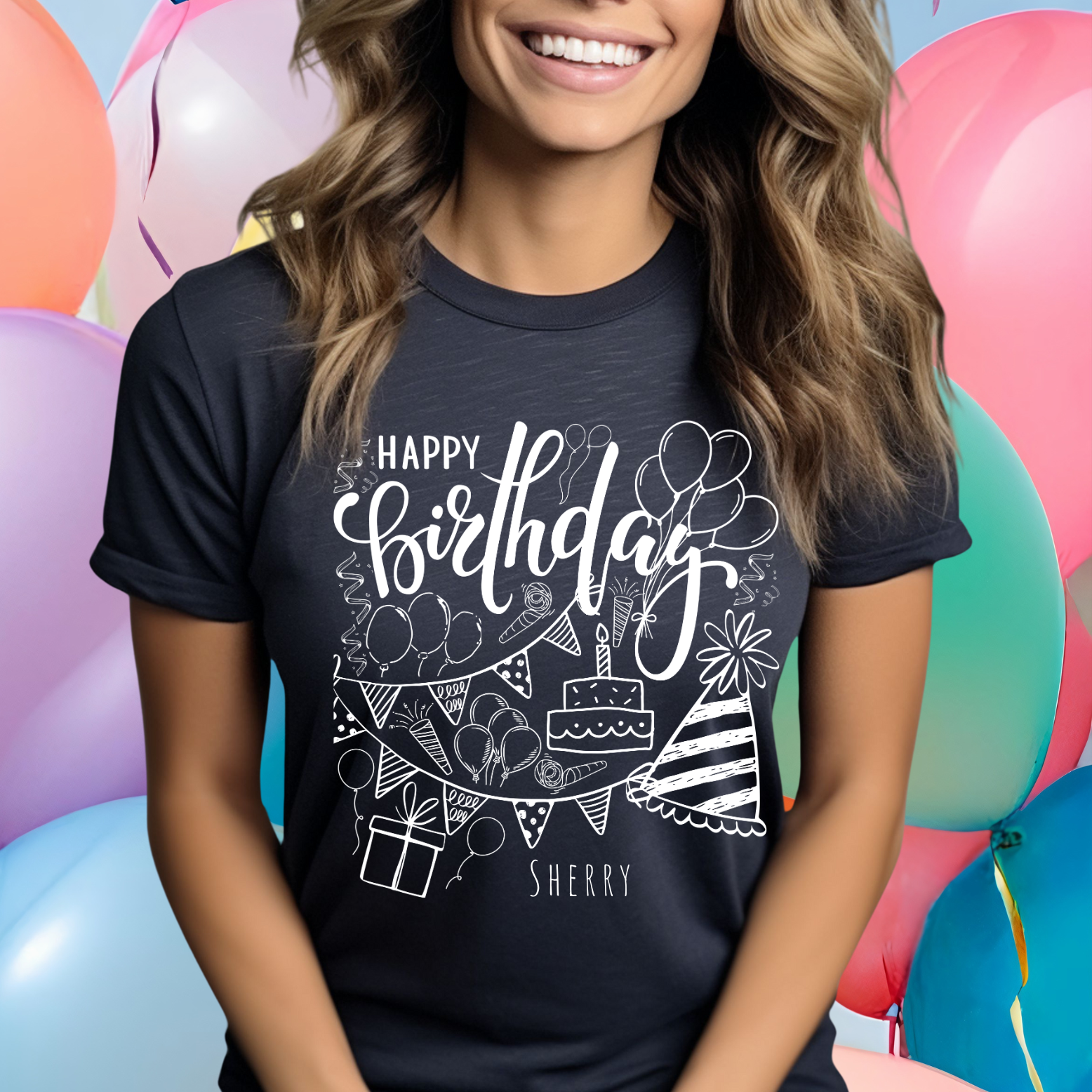 Custom Happy Birthday Chalk Doodle Tee | Birthday Cake Balloons Banner